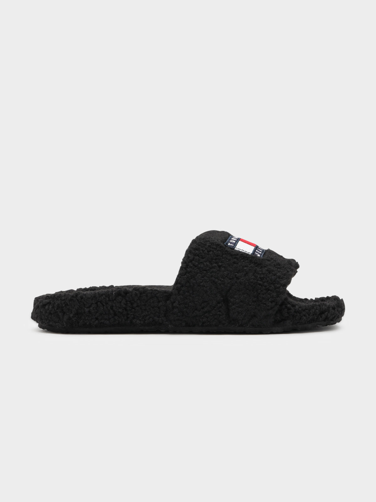 Womens Tommy Jeans Flag Sherpa Slides in Black