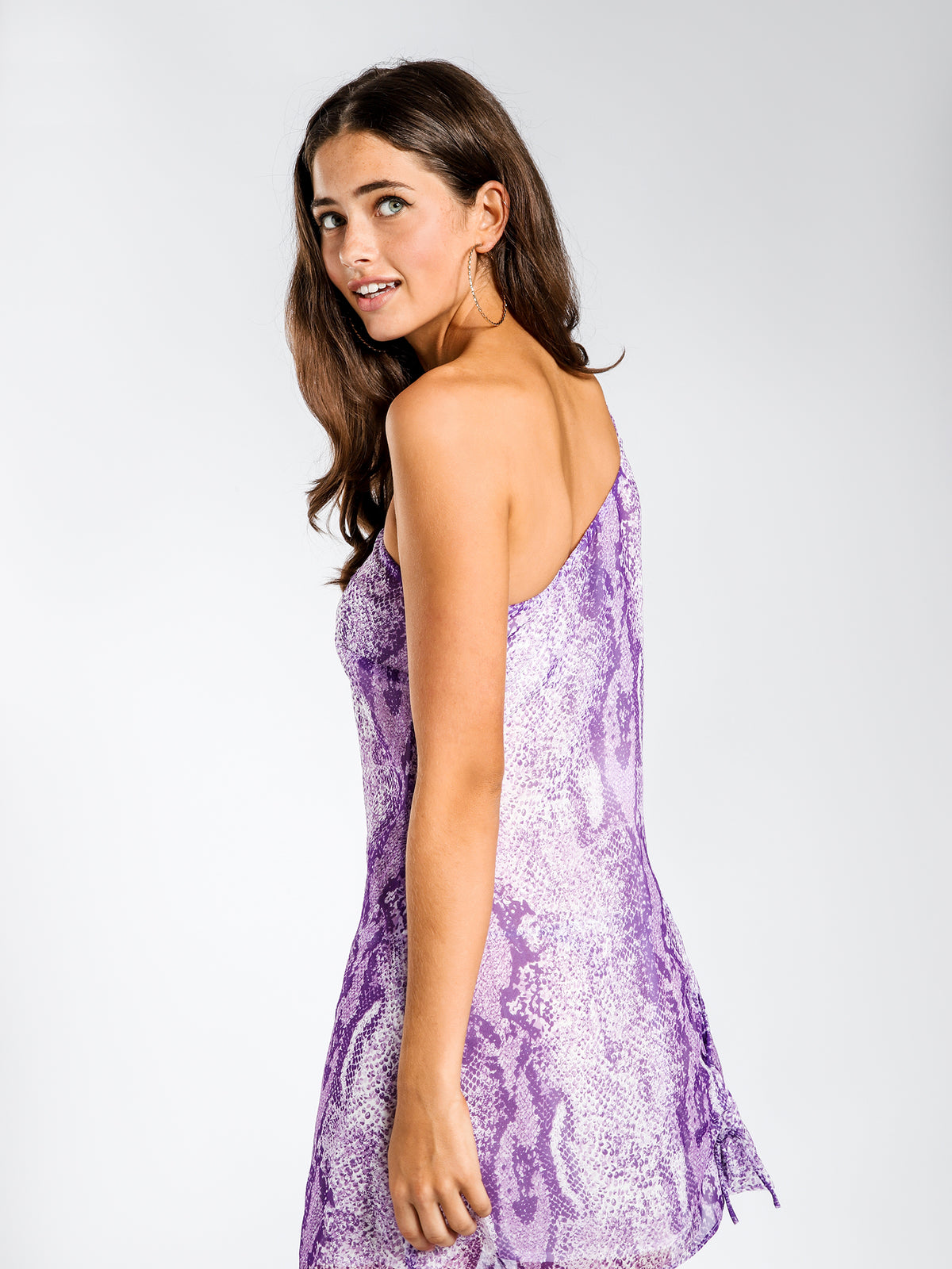 Edi One-Shoulder Mini Dress in Purple Poison Snake Print