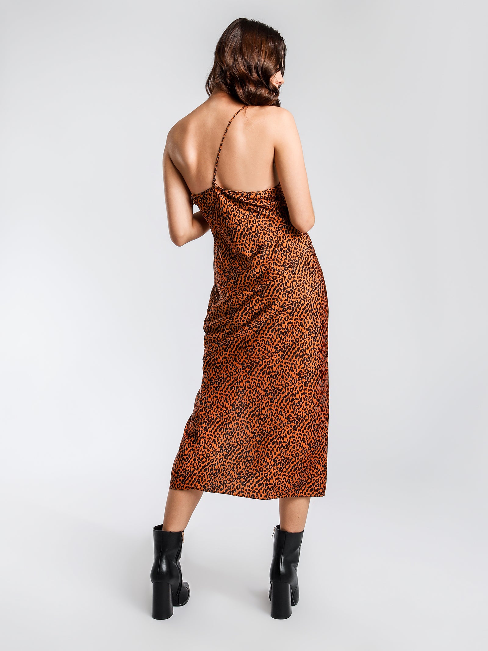 Sahara Asymmetric Strap Midi-Dress in Leopard Print