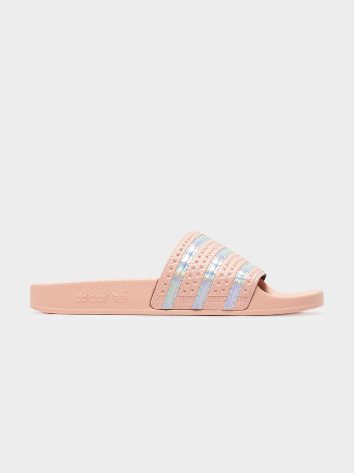 Womens Adilette Slides in Coral Pink &amp; Iridescence