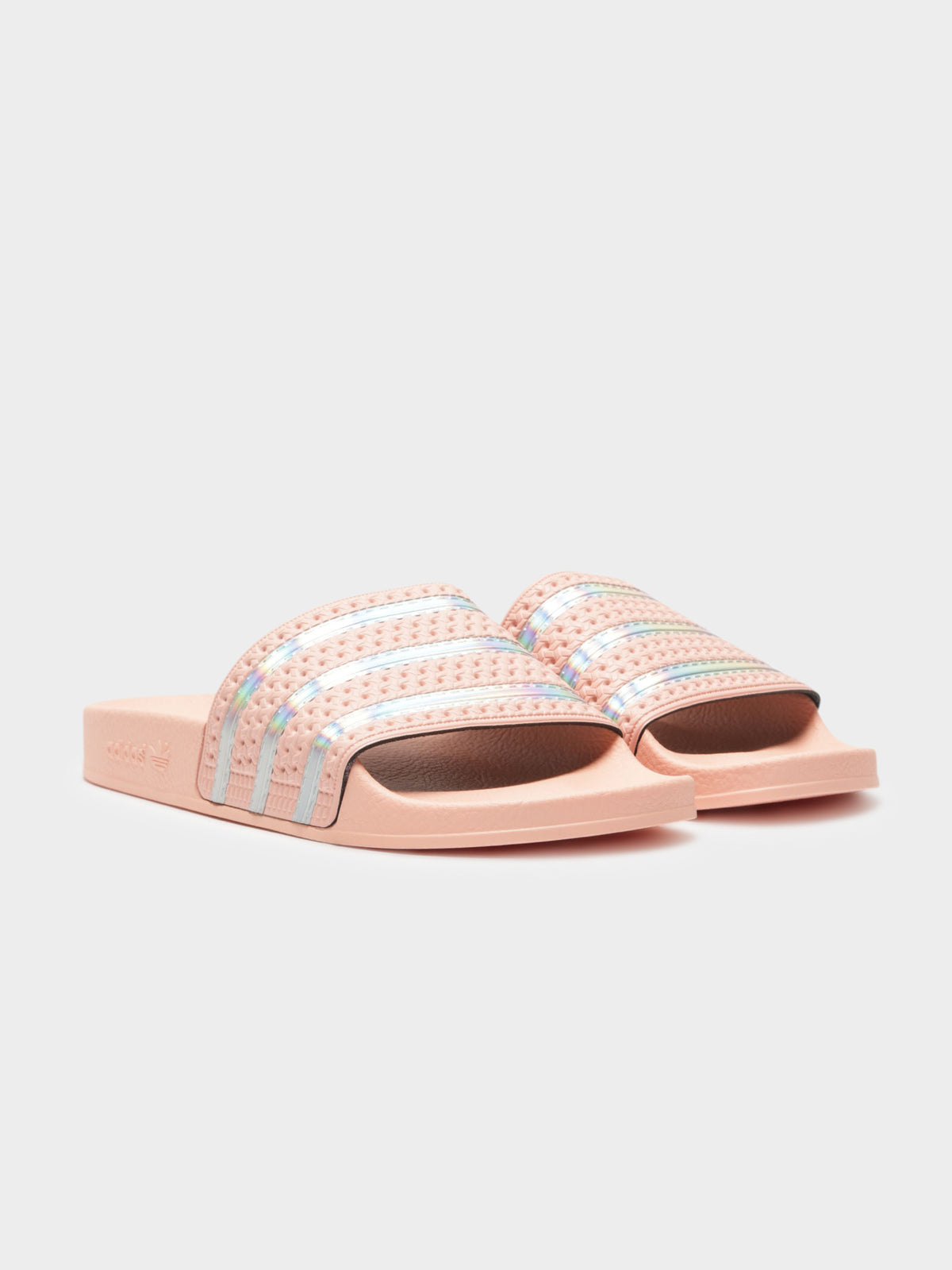 Womens Adilette Slides in Coral Pink &amp; Iridescence