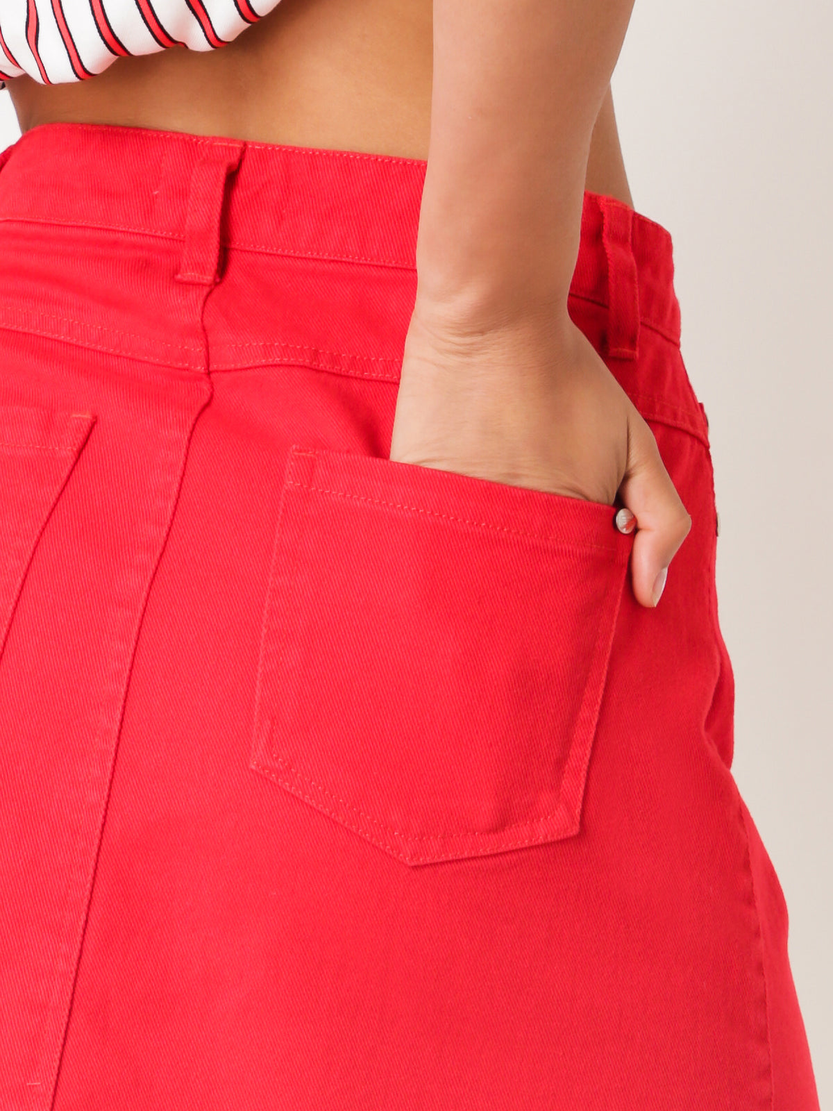Alert High-Waisted A-Line Skirt in Red Denim