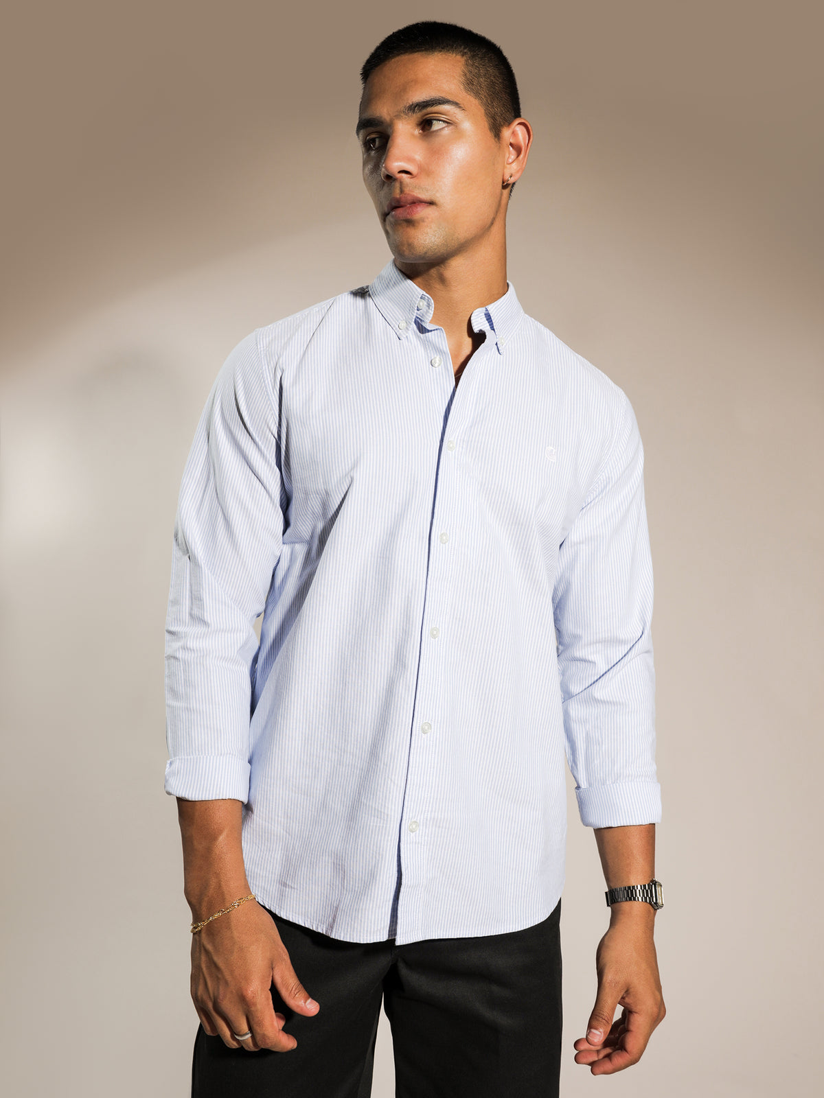 Duffled Long Sleeve Shirt in Blue &amp; White