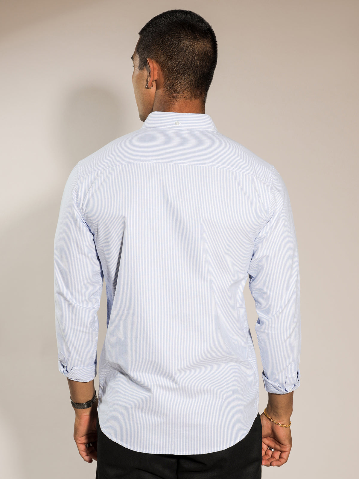 Duffled Long Sleeve Shirt in Blue &amp; White