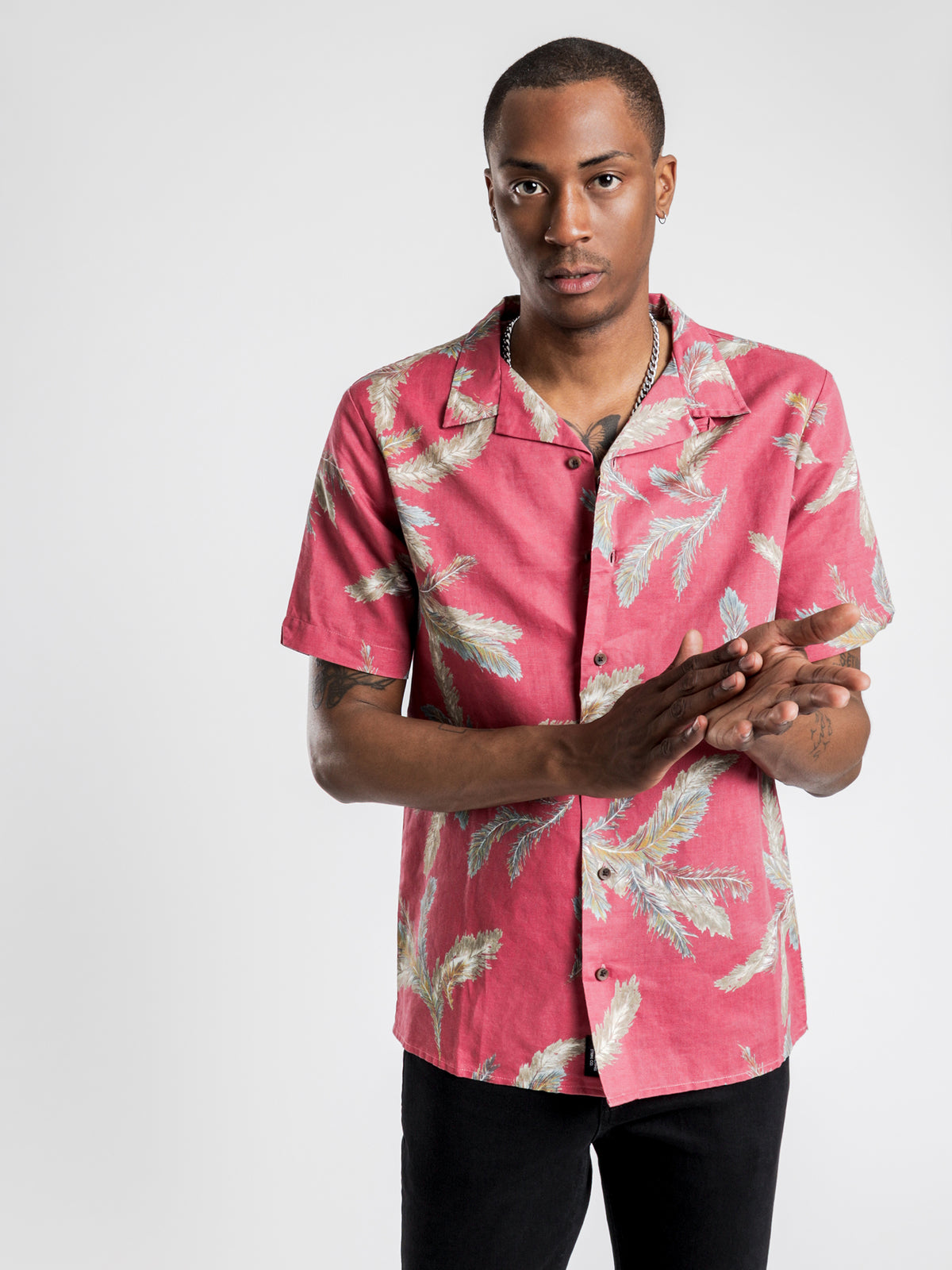 Feathered Bowling Shirt in Red Wine Palm Print