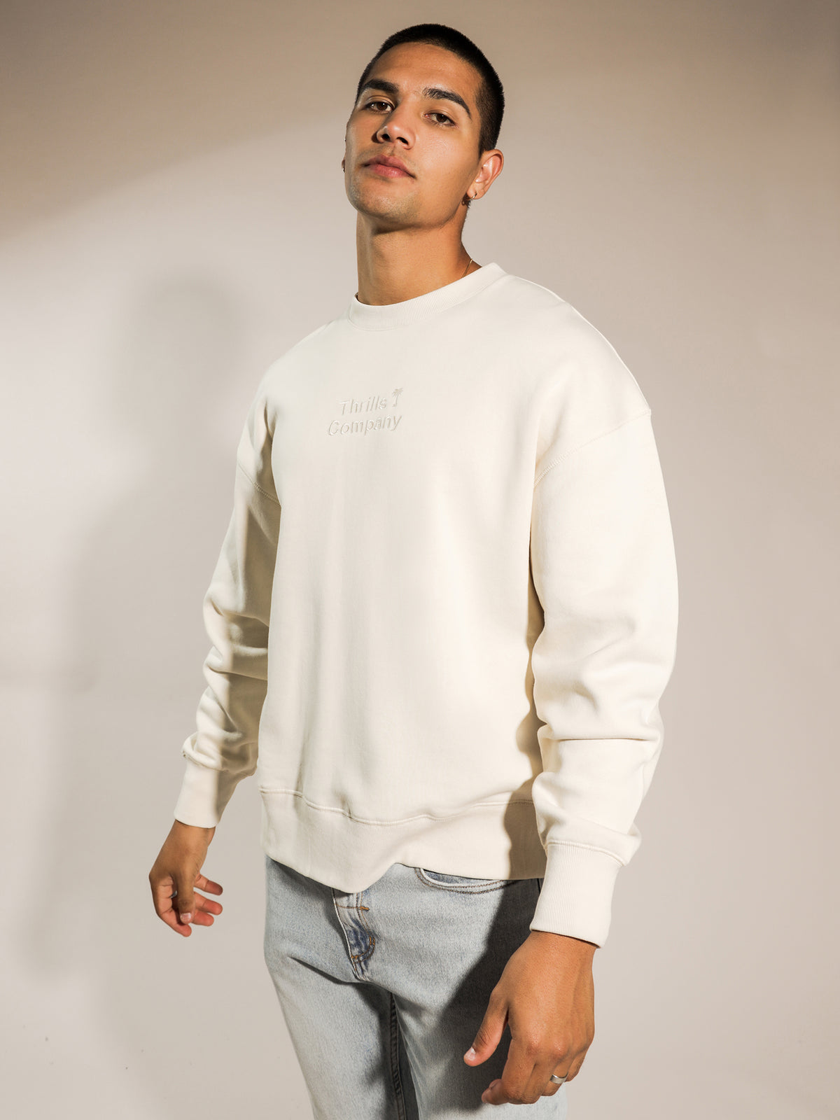 Tonal Stacked Slouch Crewneck in Unbleached