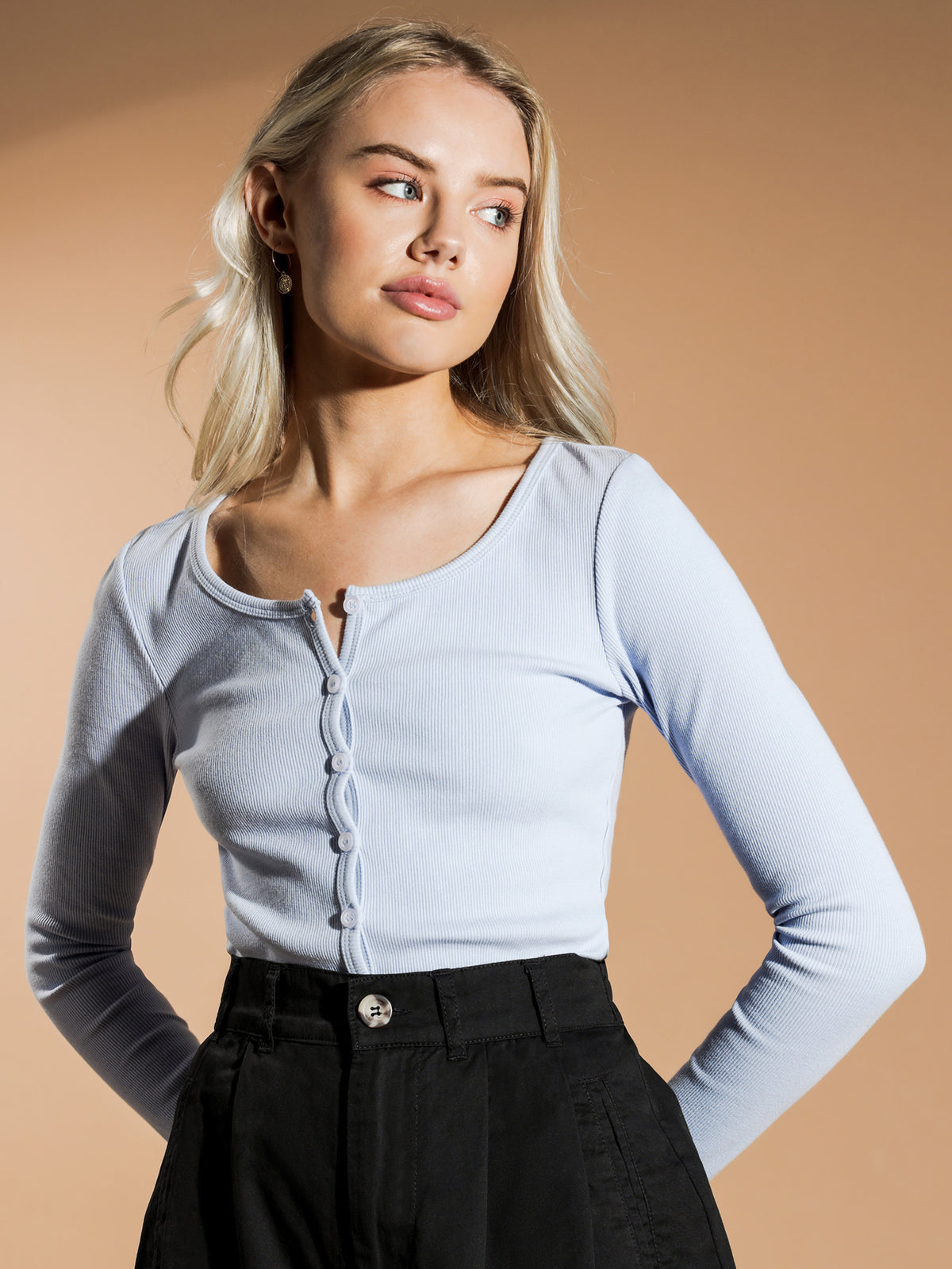 Mission Rib Button Through Top in Pale Blue