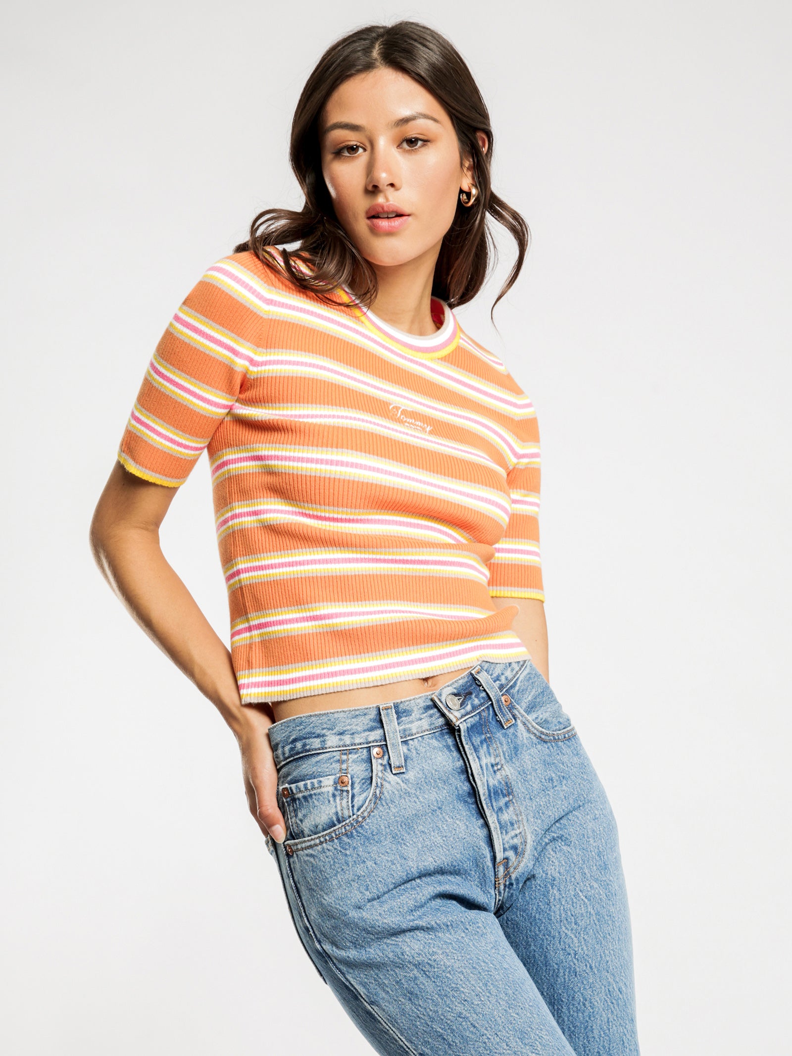 Stripe 3/4 Sleeve Sweater