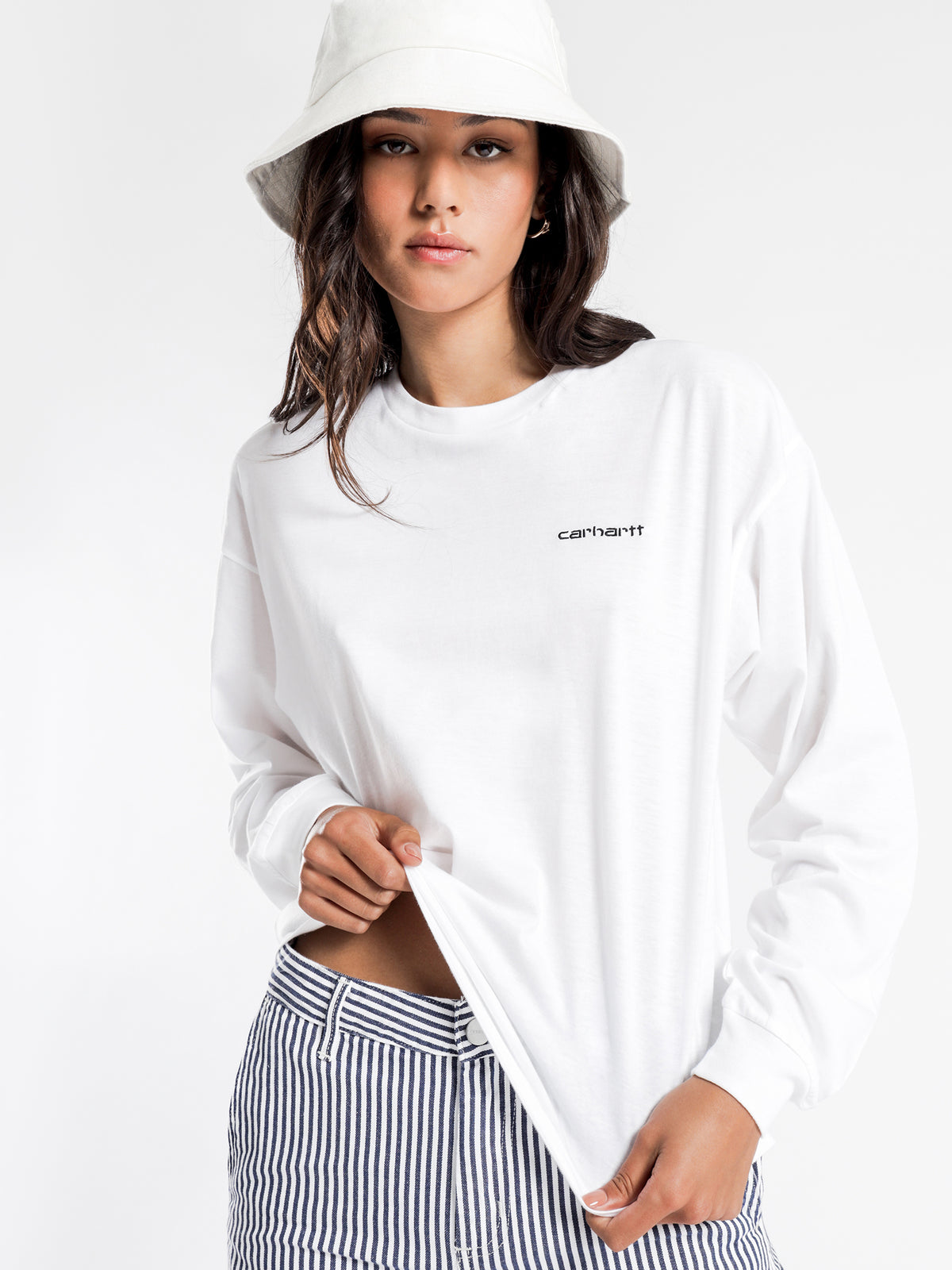 Long Sleeve Script Embroidery T-Shirt in White
