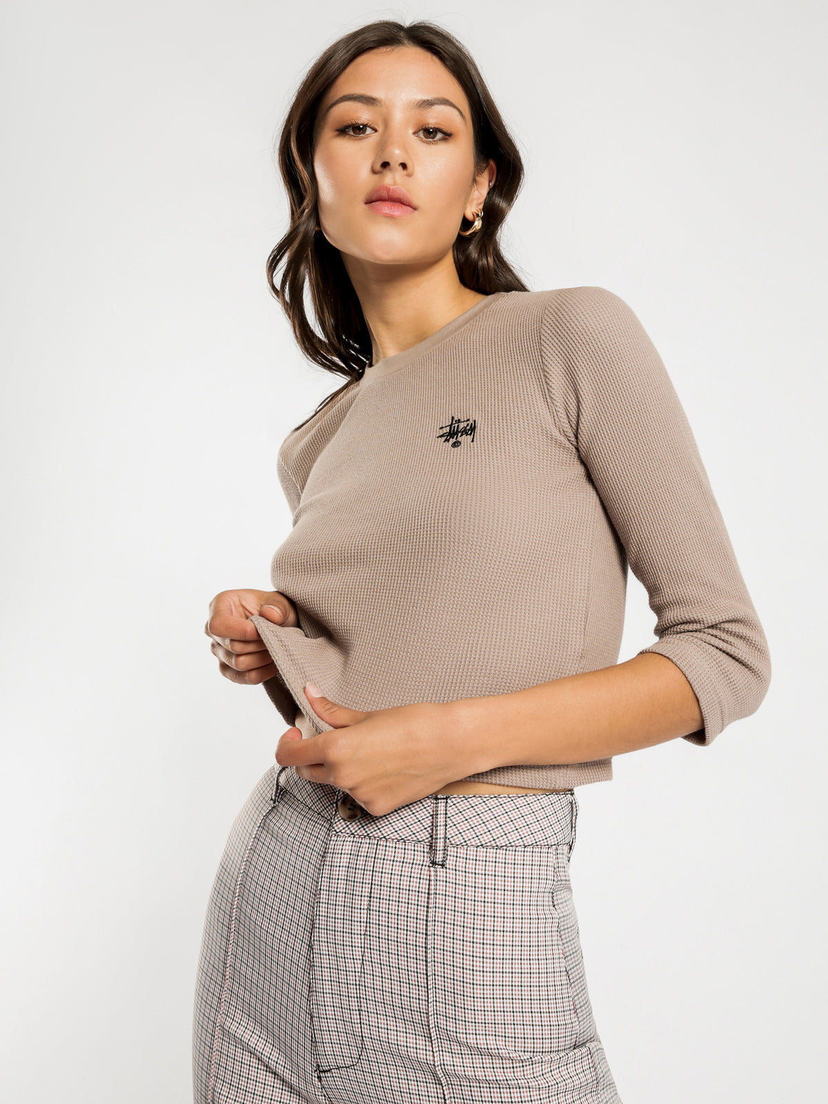 Dylan Waffle 3/4 Sleeve Top in Taupe