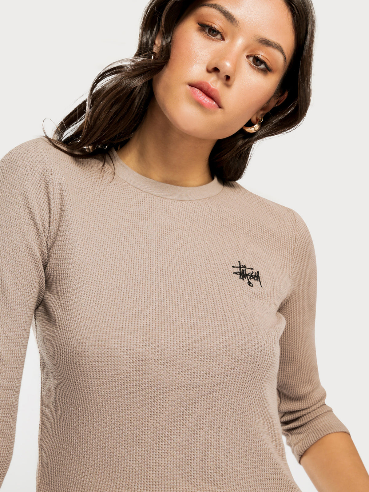 Dylan Waffle 3/4 Sleeve Top in Taupe