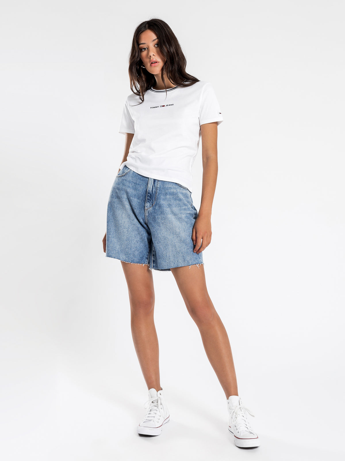 Robyn Long Line Shorts in Mid Washed Blue