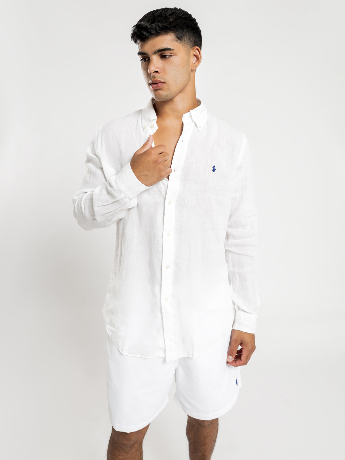 Long Sleeve Linen Sport Shirt in White