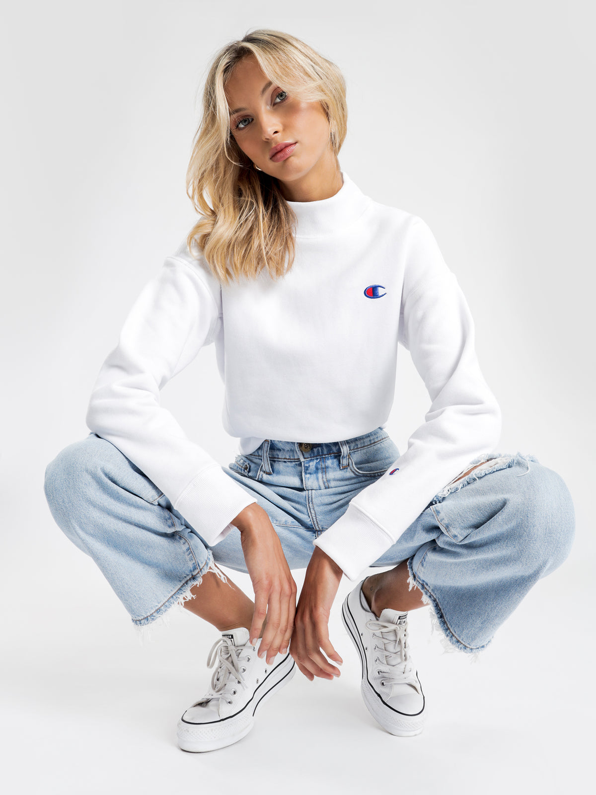 Reverse Weave Cropped Mock Neck Sweater in White
