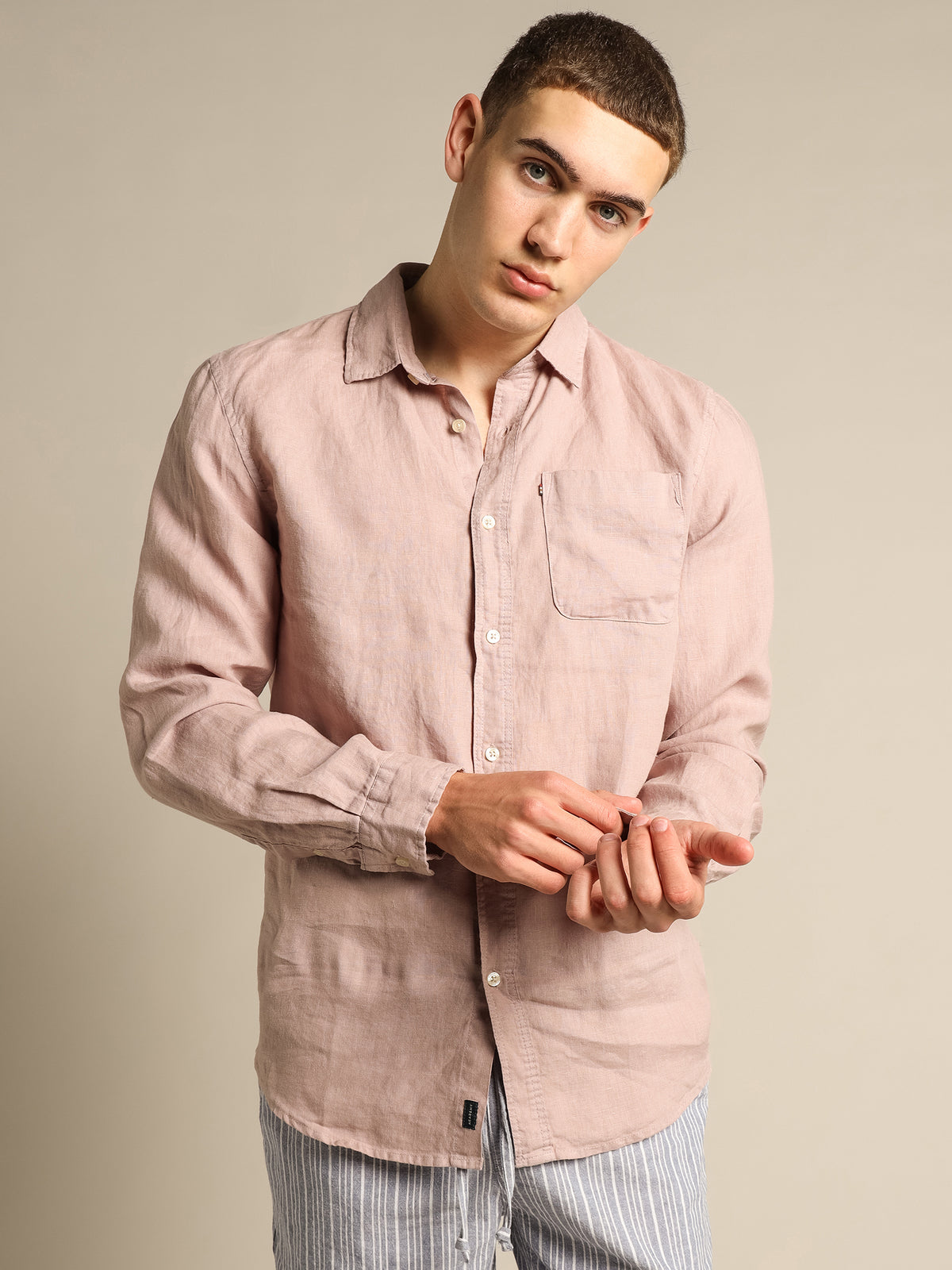 Hampton Linen Long Sleeve Shirt in Musk Pink