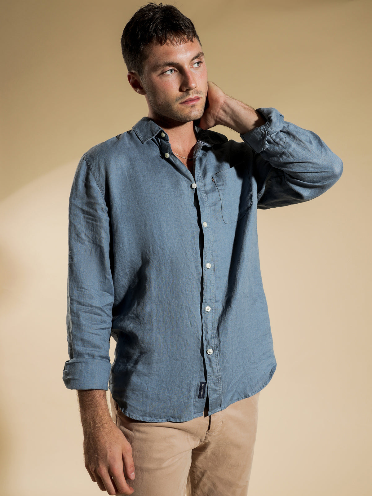 Hampton Linen Long Sleeve T-Shirt in Pewter Blue