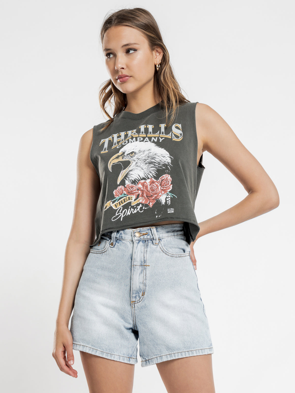 Thrills Rose Spirit Crop Muscle T-Shirt | Black