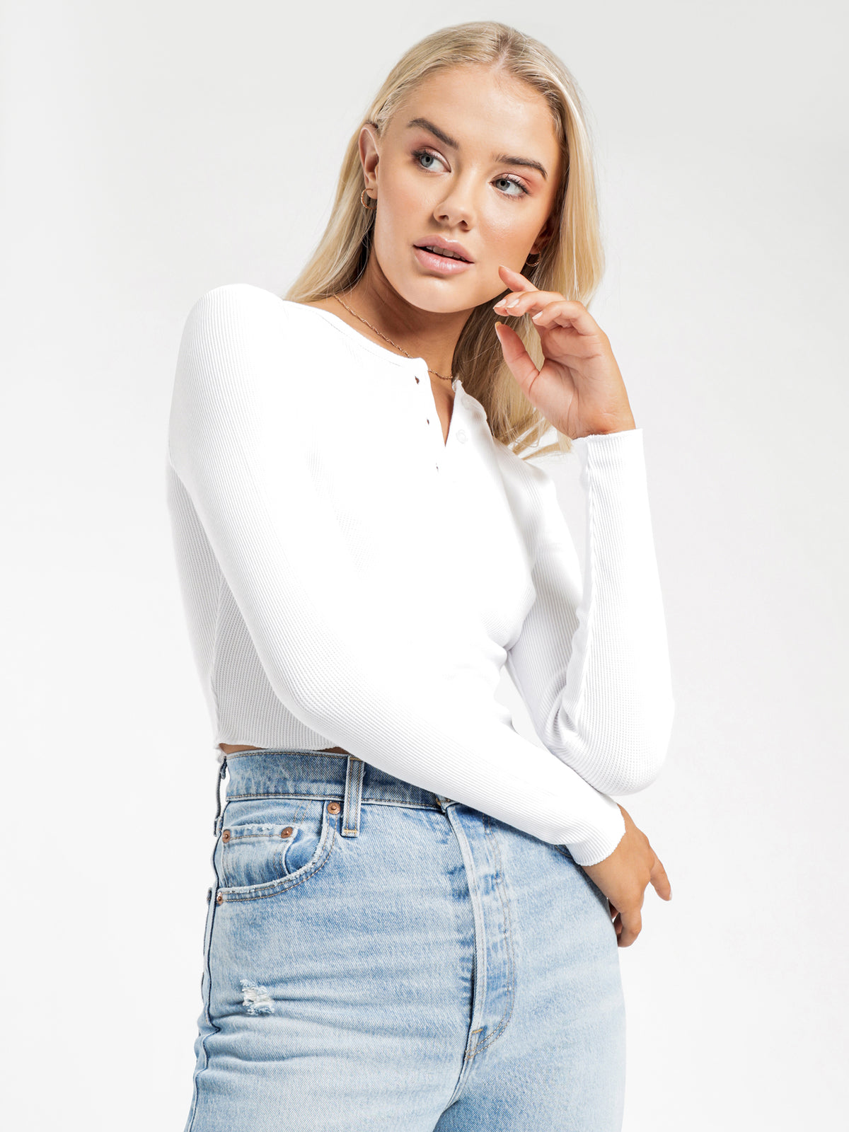Eden Long Sleeve Waffle T-Shirt in White