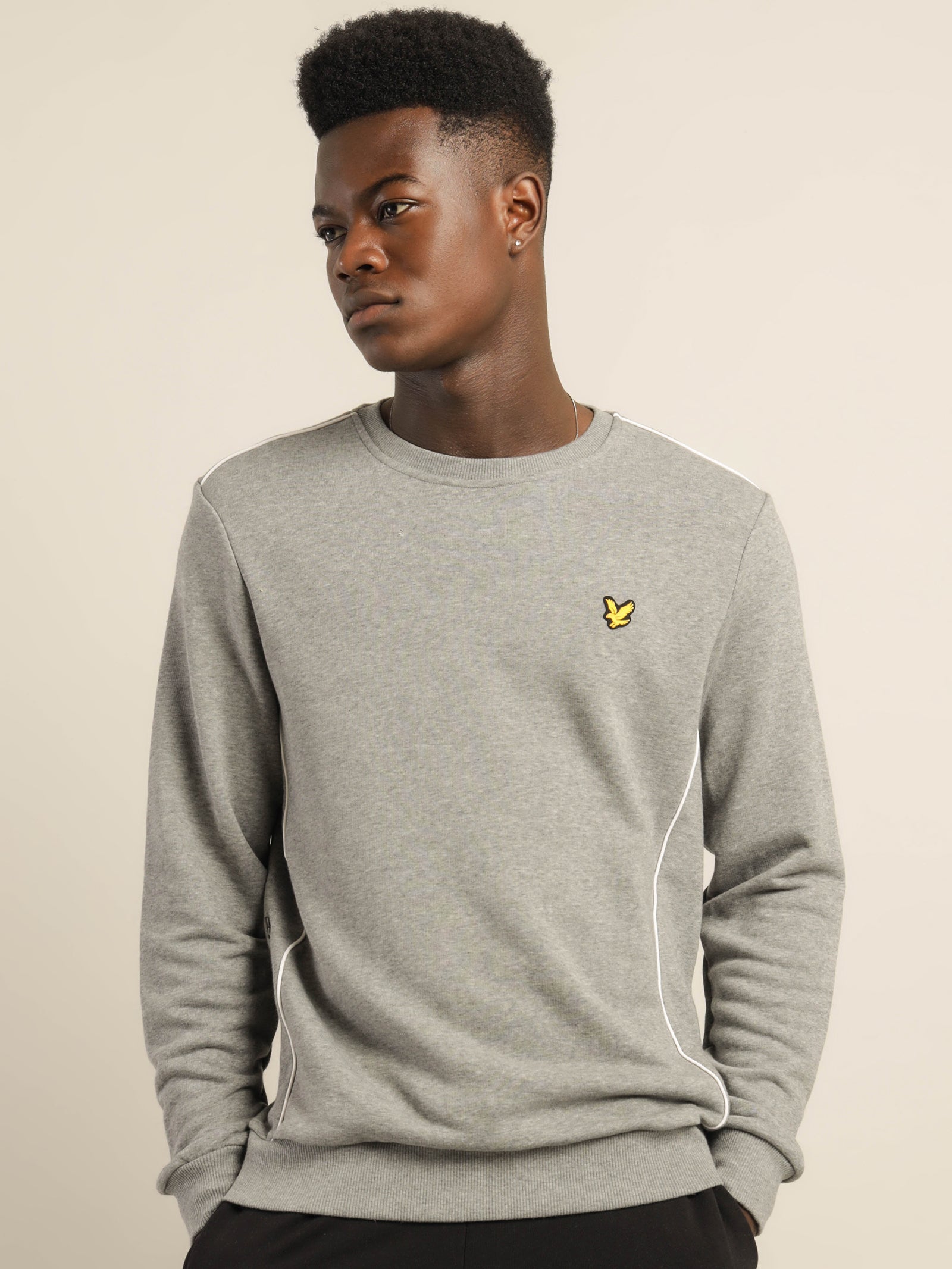 Contrast Piping Crew Neck Sweater in Mid Grey Marl