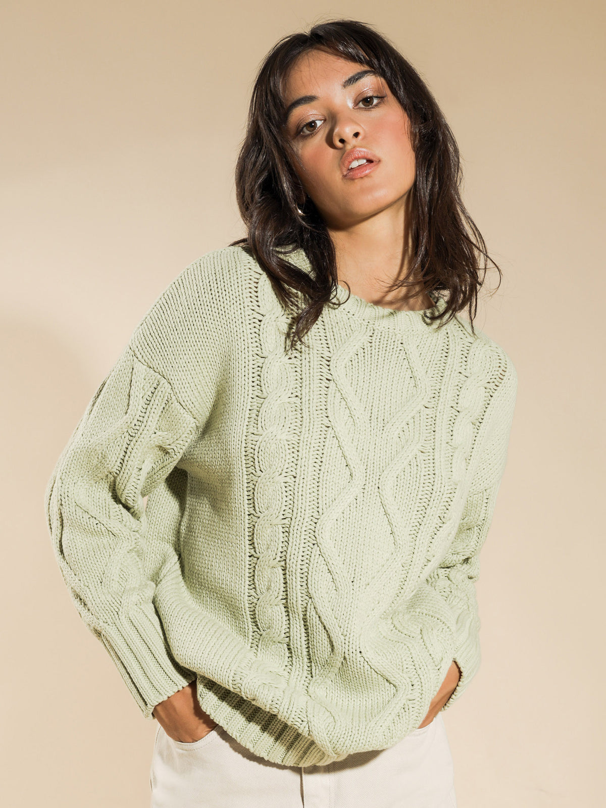 Rylee Long Line Cable Knit in Mint