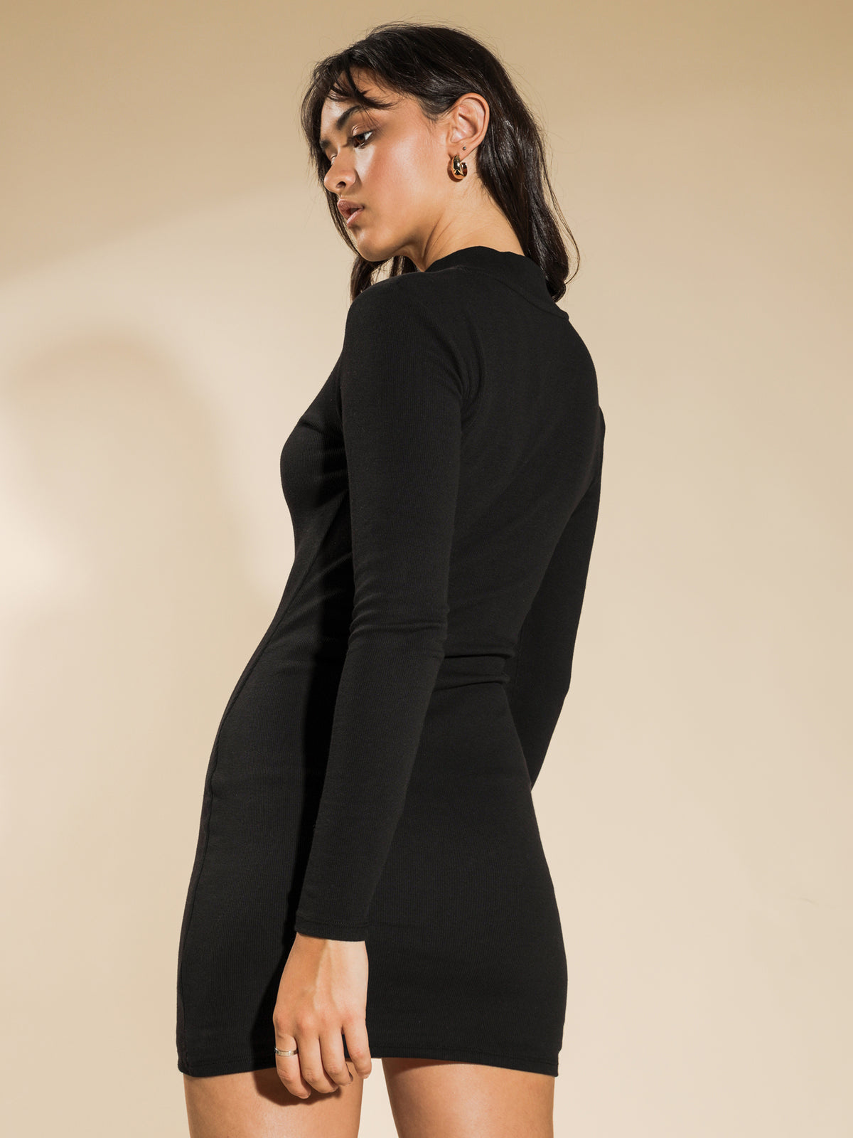 Penny Rib Long Sleeve Zip Dress in Black