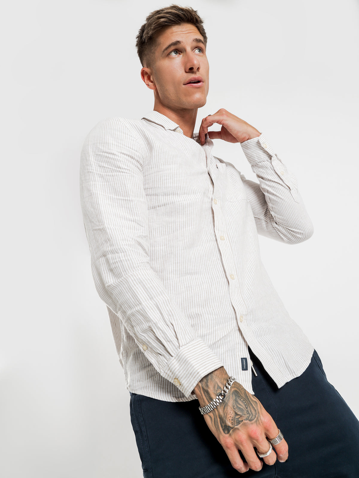 Hampton Long Sleeve Linen Shirt in Oatmeal Stripe