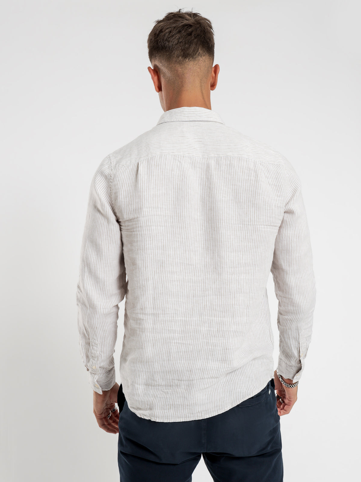 Hampton Long Sleeve Linen Shirt in Oatmeal Stripe