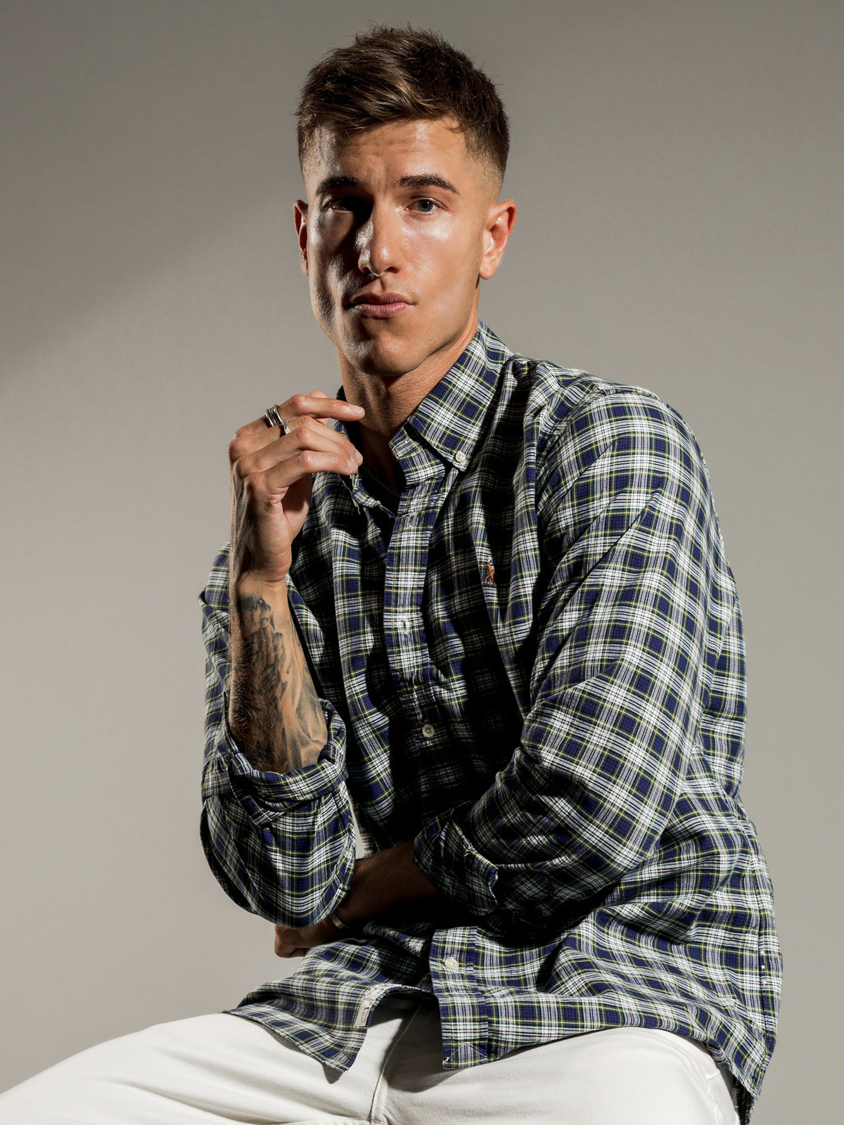 Plaid Oxford Long Sleeve T-Shirt in Navy