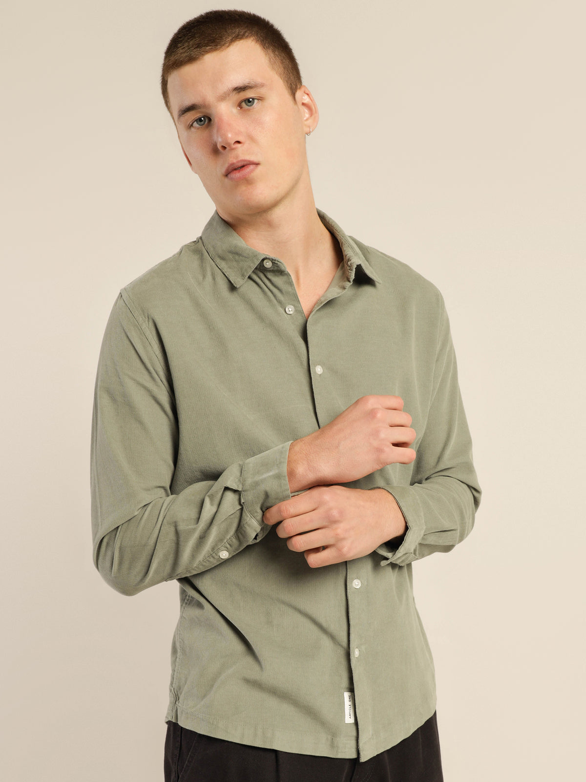 Soren Micro-Cord Long Sleeve Shirt in Willow Green