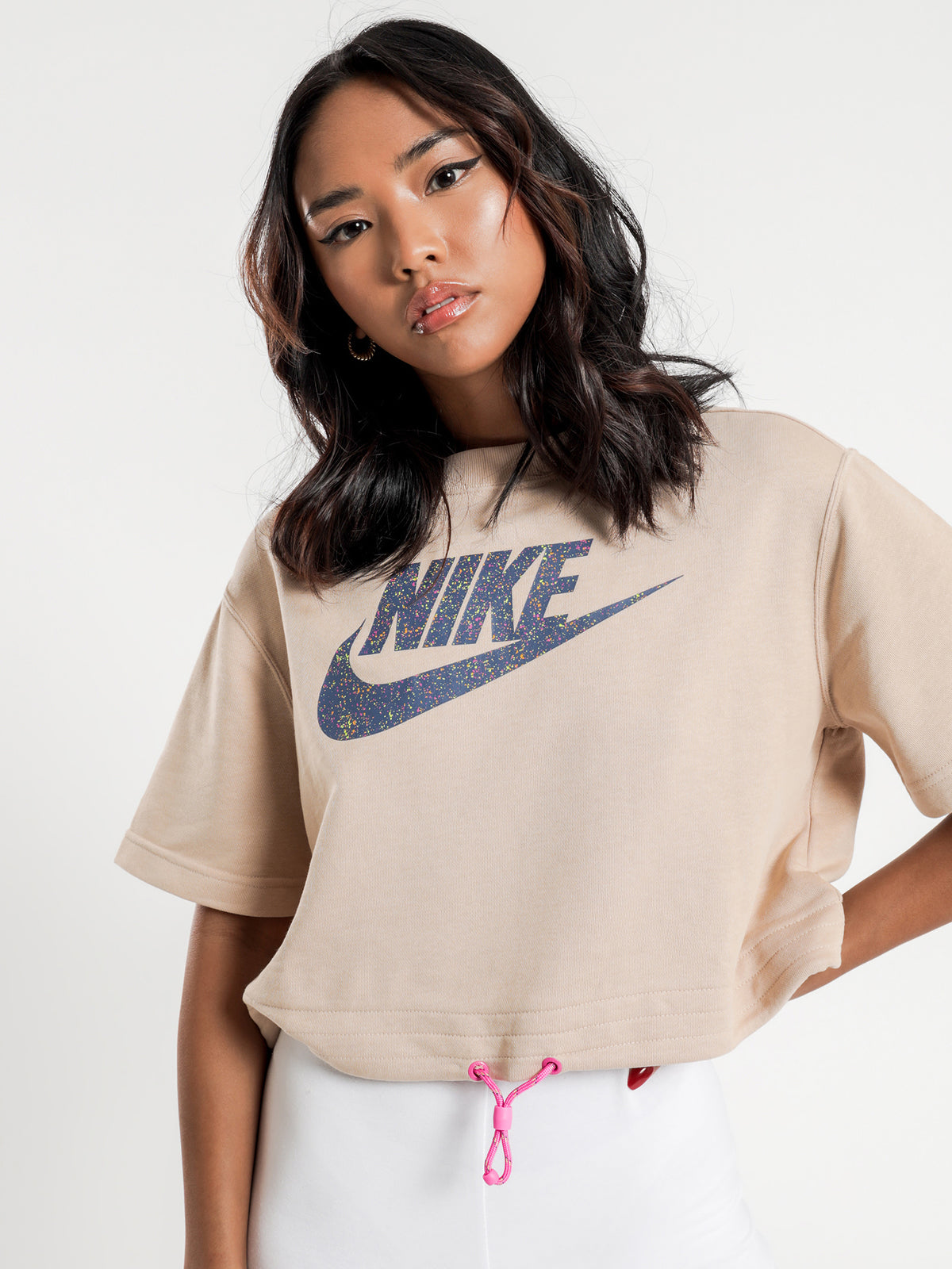 Icon Clash Short Sleeve Sweat in Fire Pink &amp; Shimmer