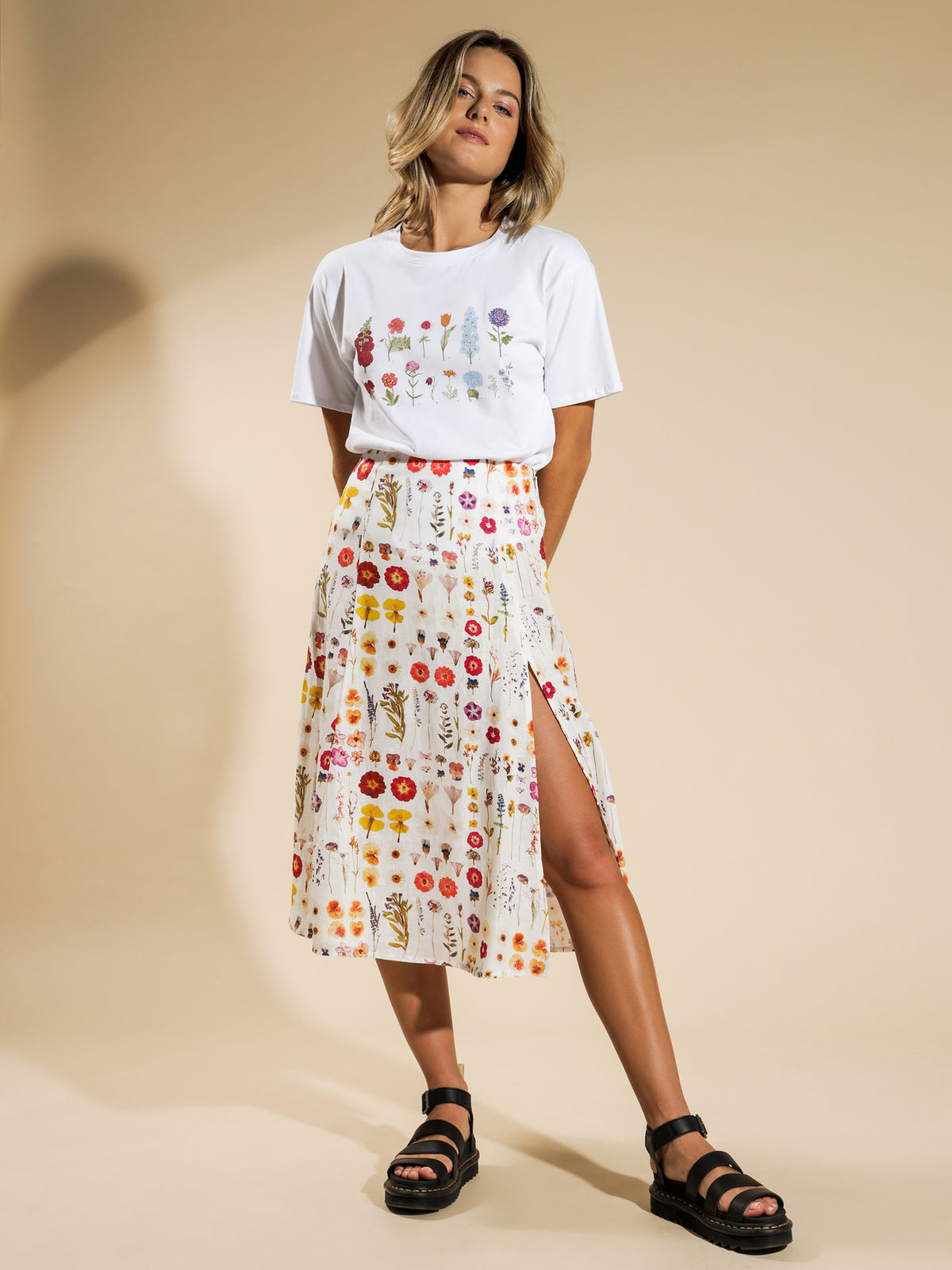 A Line Split Midi Skirt in Pressed Floral