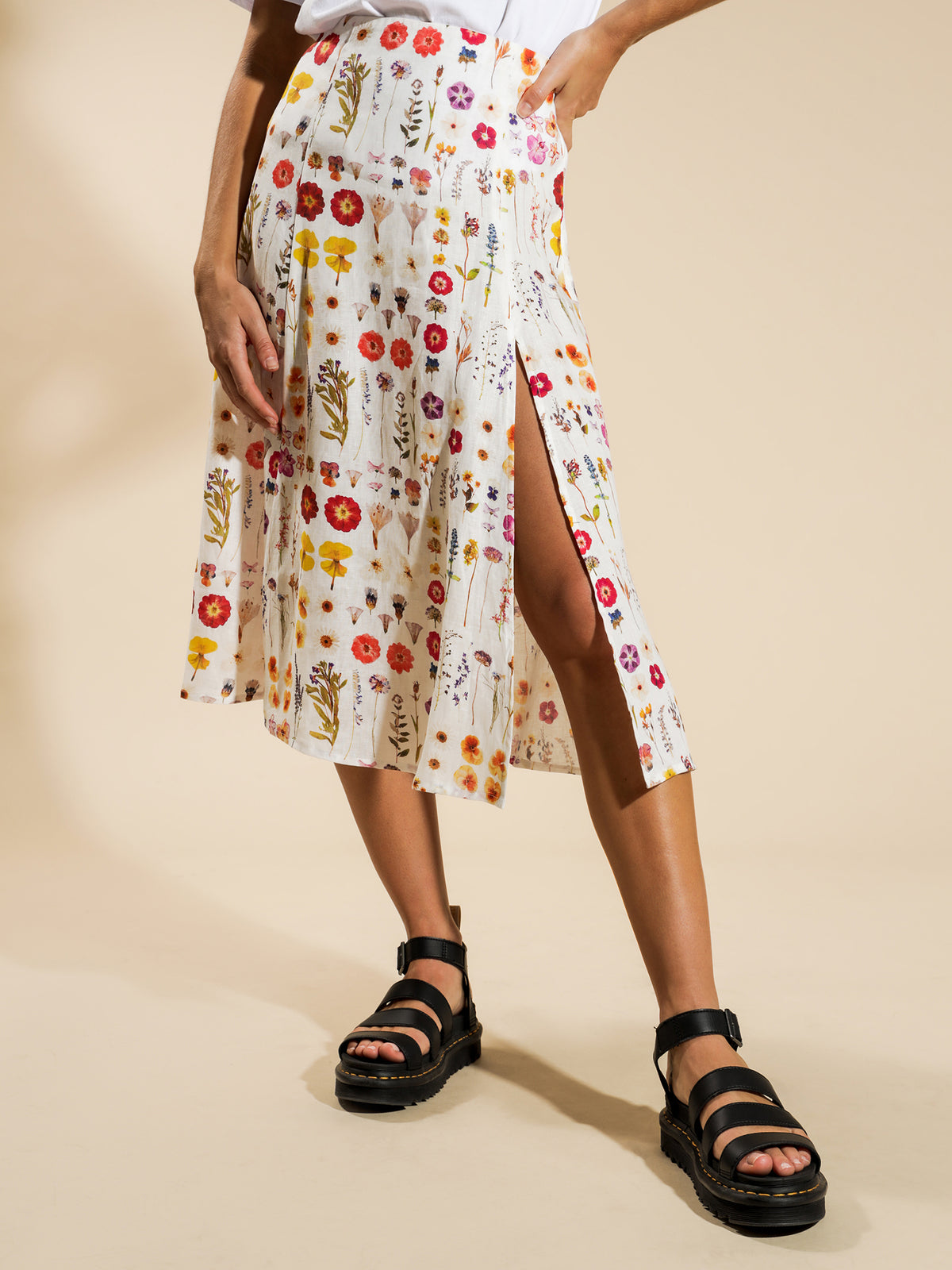 A Line Split Midi Skirt in Pressed Floral