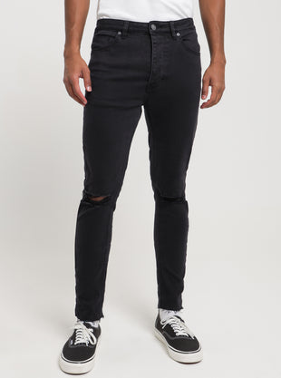 A Turn Up Slash-Knee Jeans in Smokey Black Denim