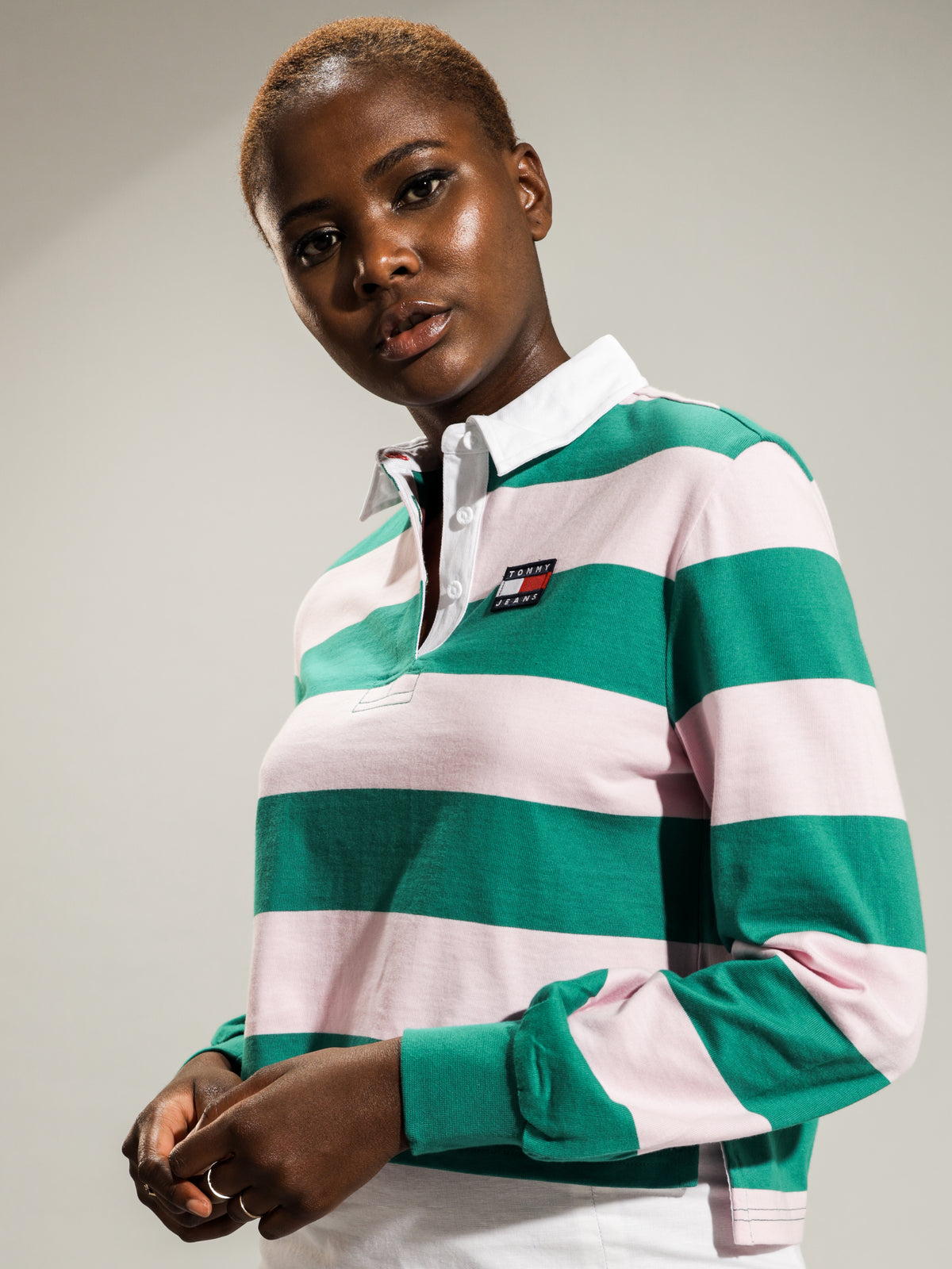 Rugby Long Sleeve Polo in Midwest Green &amp; Romantic Pink
