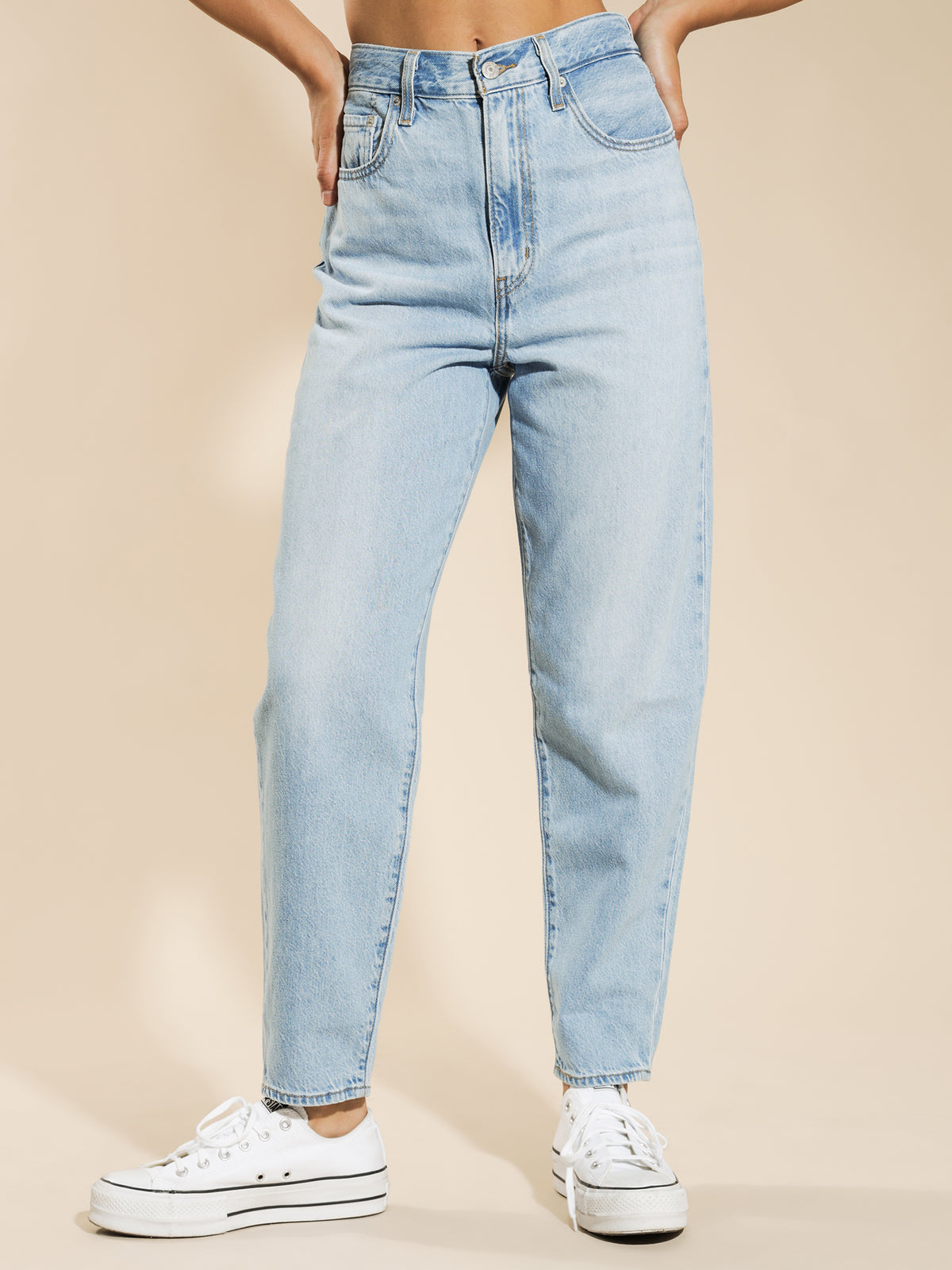 High-Waisted Loose Taper Jeans in Blue Denim