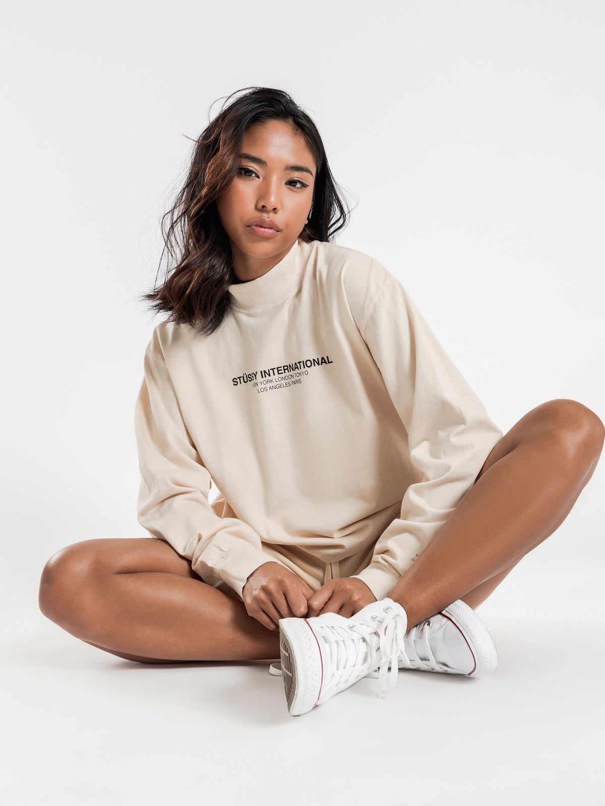 Text Long Sleeve Mock Neck T-Shirt in White