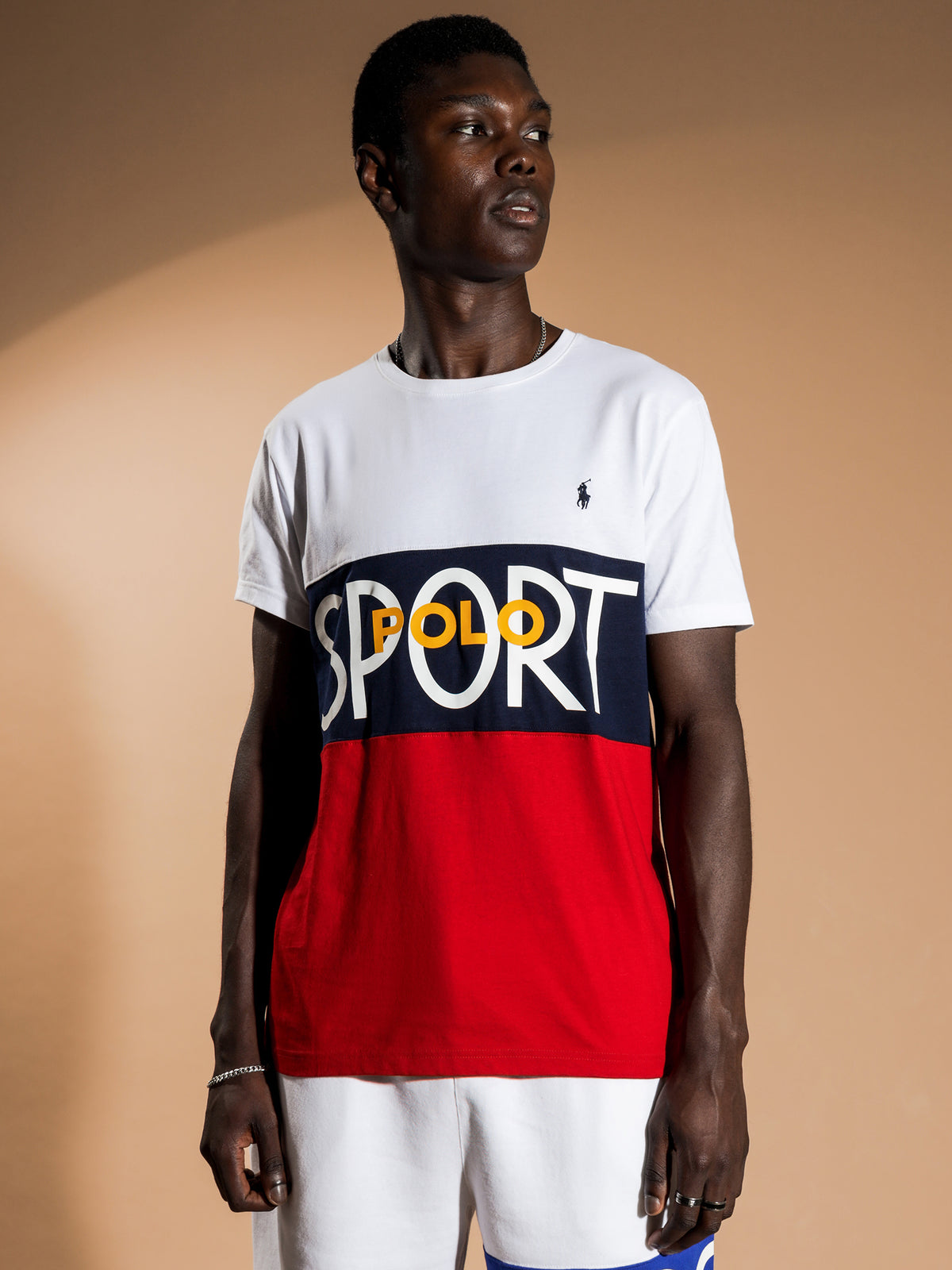 Colour Block T-Shirt in White, Navy &amp; Red