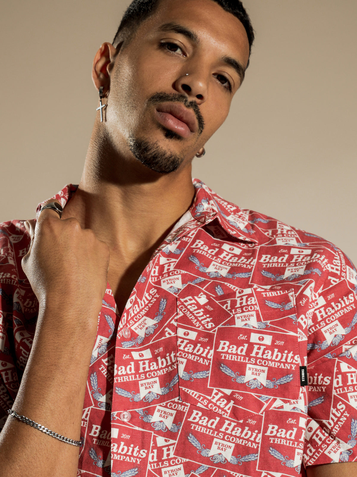 Bad Habits Button Up T-Shirt in Red