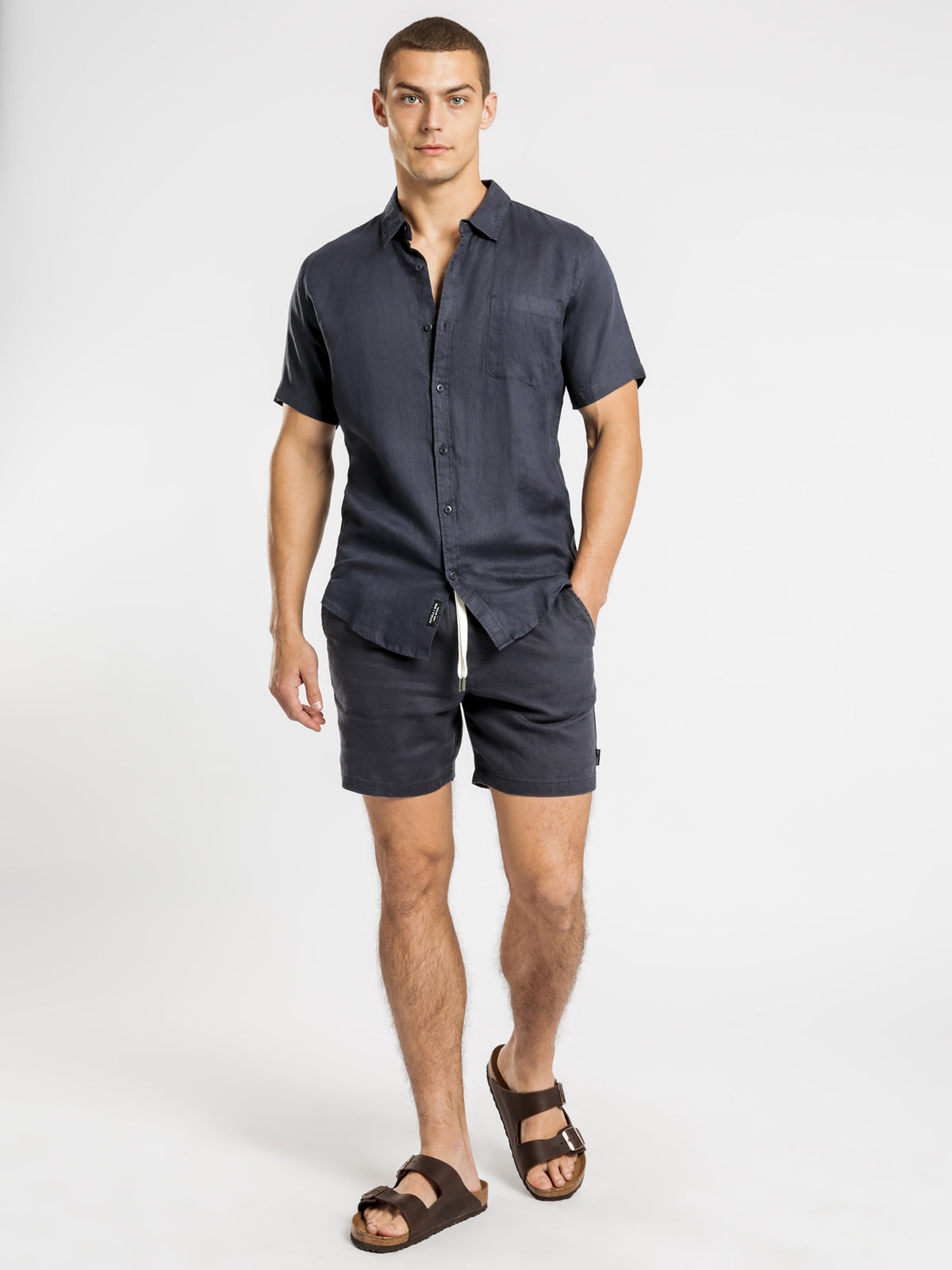 Nelson Linen Short Sleeve Shirt in Navy Blue