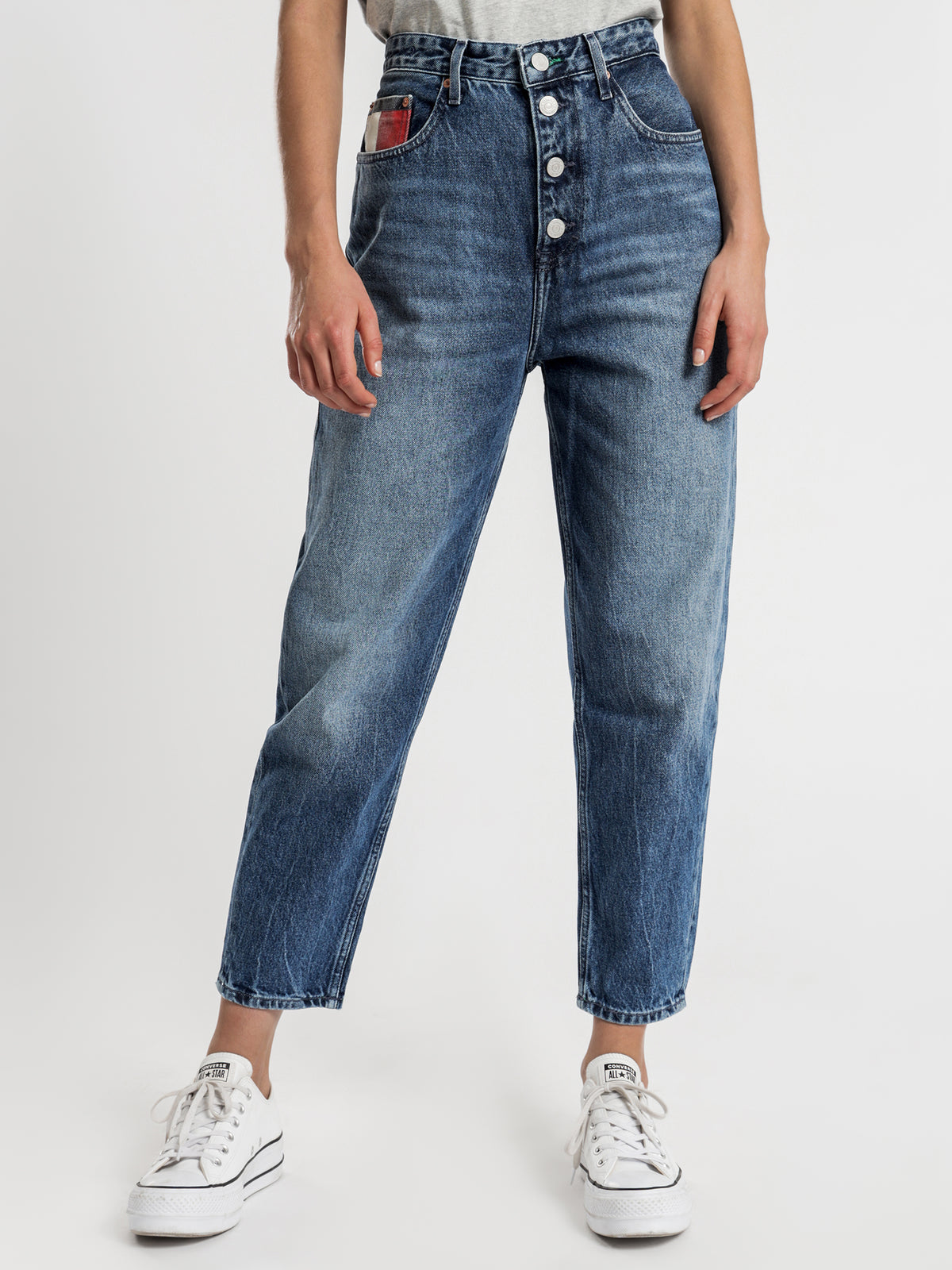 Recycled High Rise Mom Jeans in Mid Blue Rigid Denim