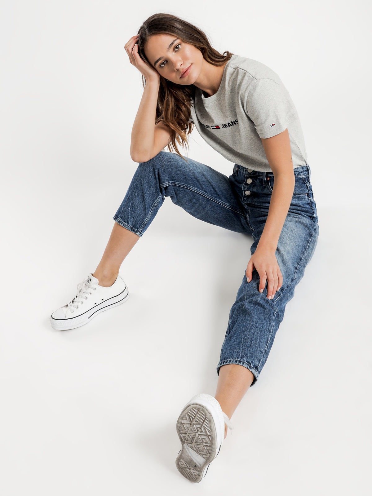 Recycled High Rise Mom Jeans in Mid Blue Rigid Denim