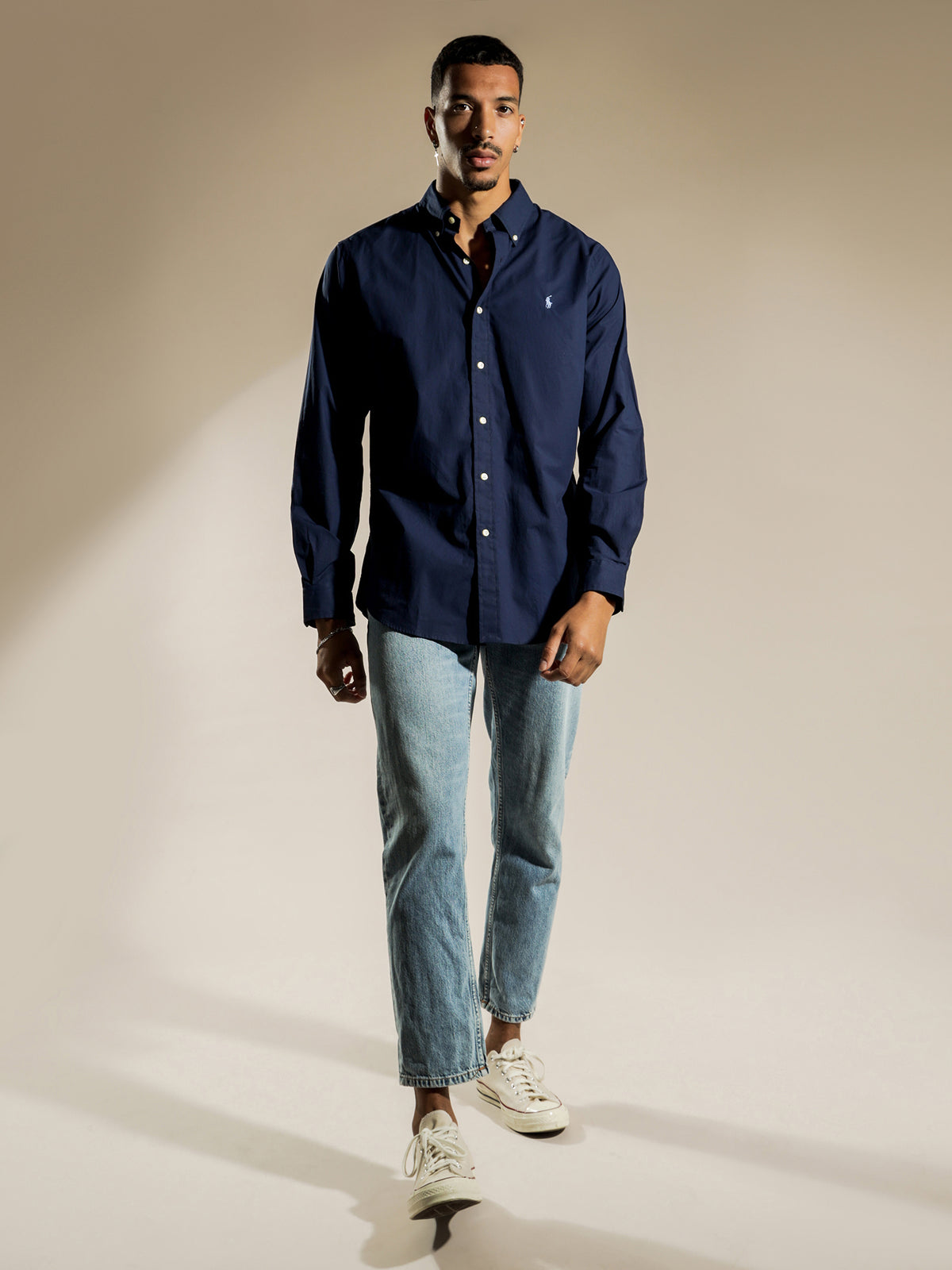 Comfort Fit Natural Stretch Poplin Shirt in Navy