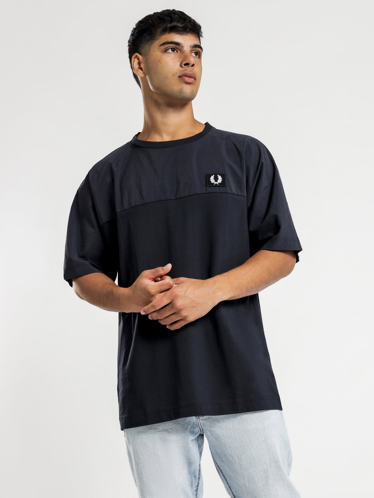 Woven Panel T-Shirt in Navy