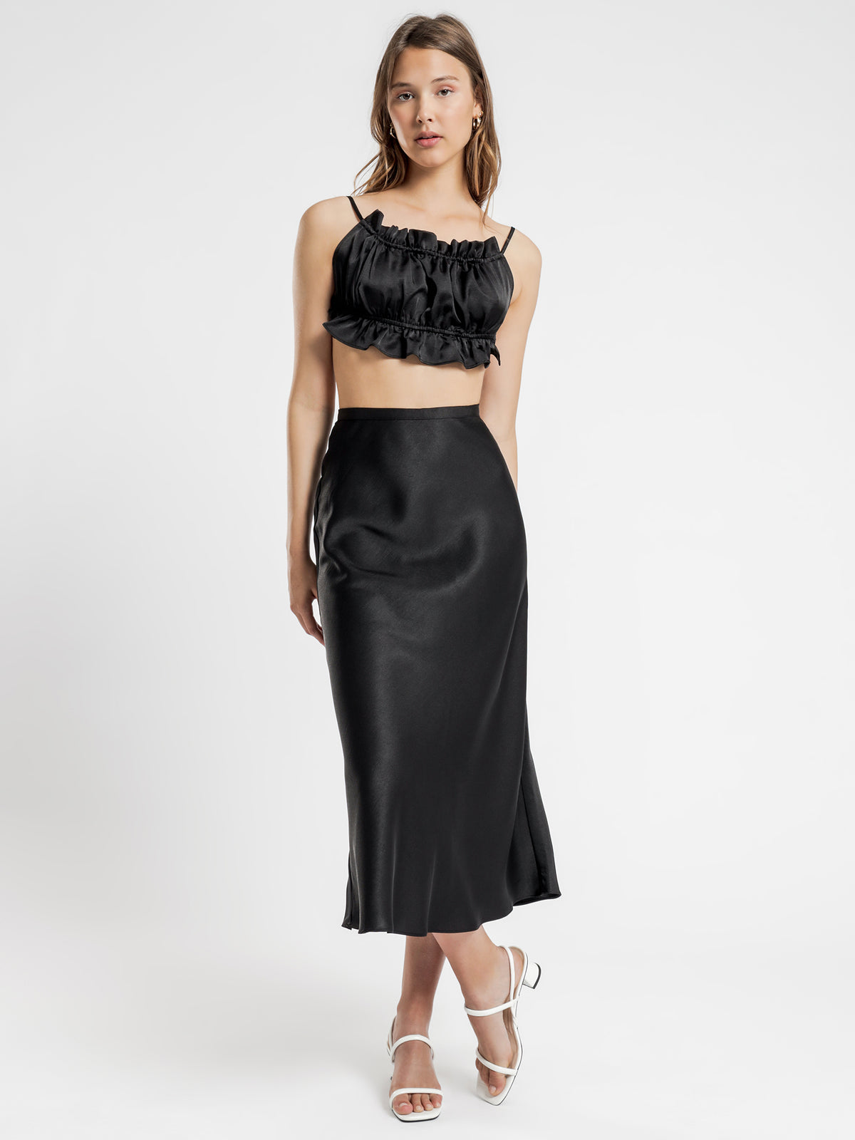 Leonie Satin Midi Skirt in Black