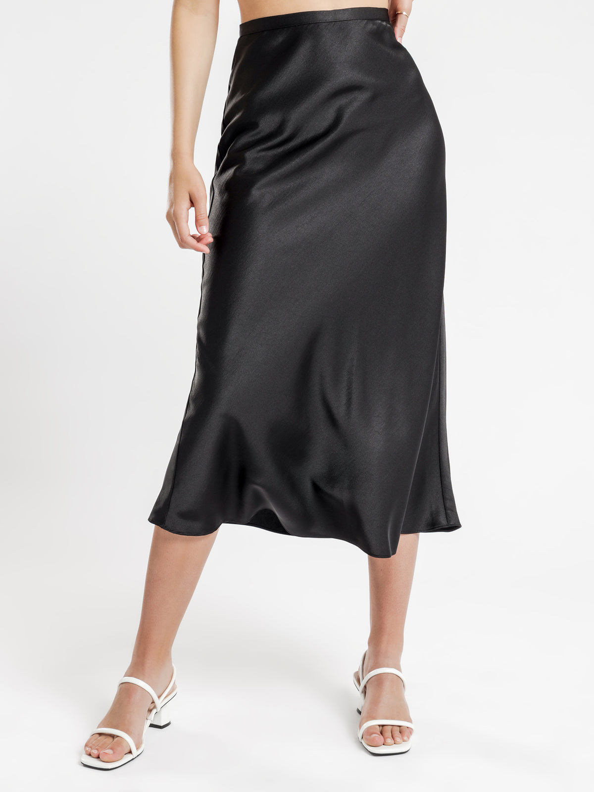 Leonie Satin Midi Skirt in Black