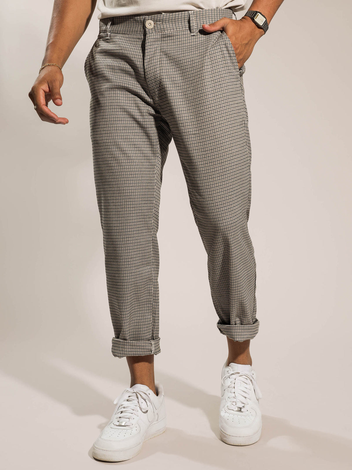 Maison Pant in Stone Houndstooth