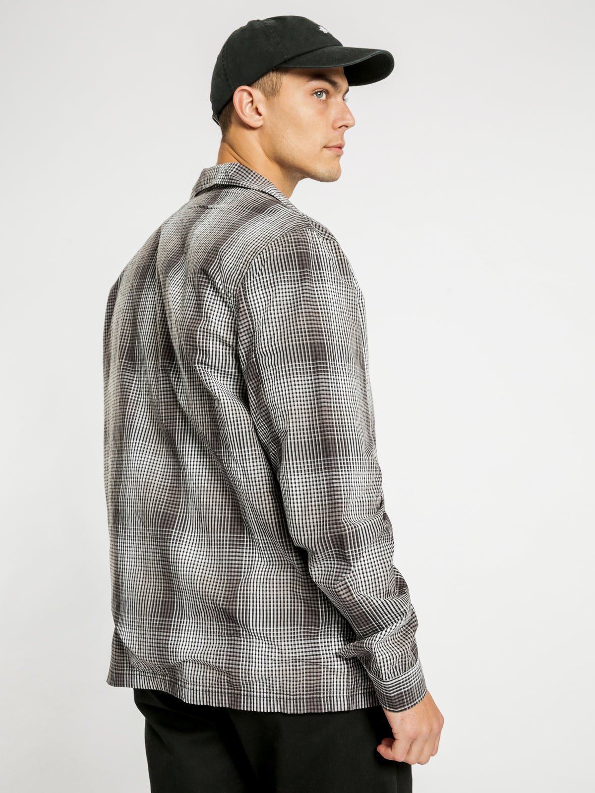 Neat Check Zip Up Long Sleeve Shirt in Black