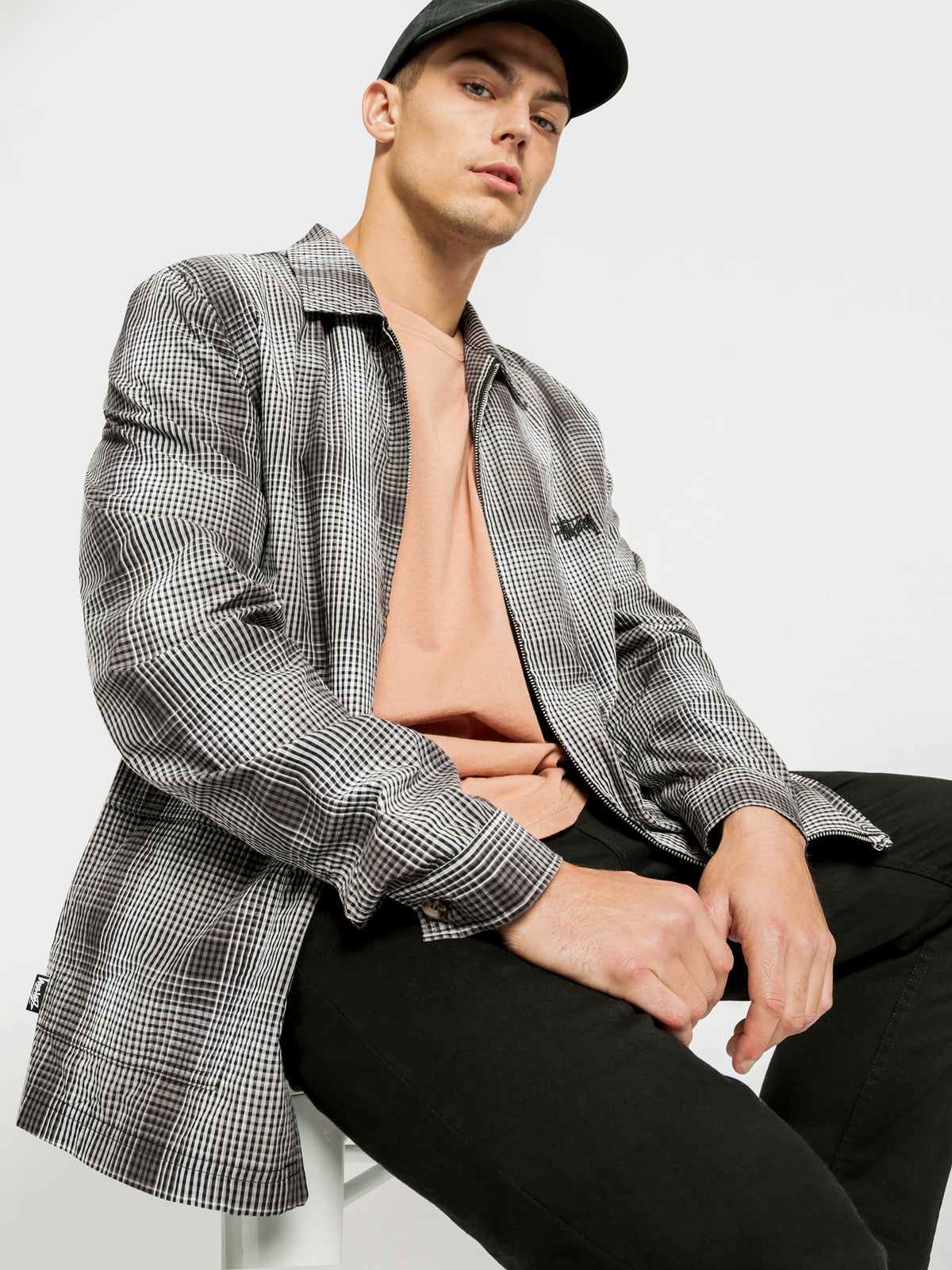 Neat Check Zip Up Long Sleeve Shirt in Black