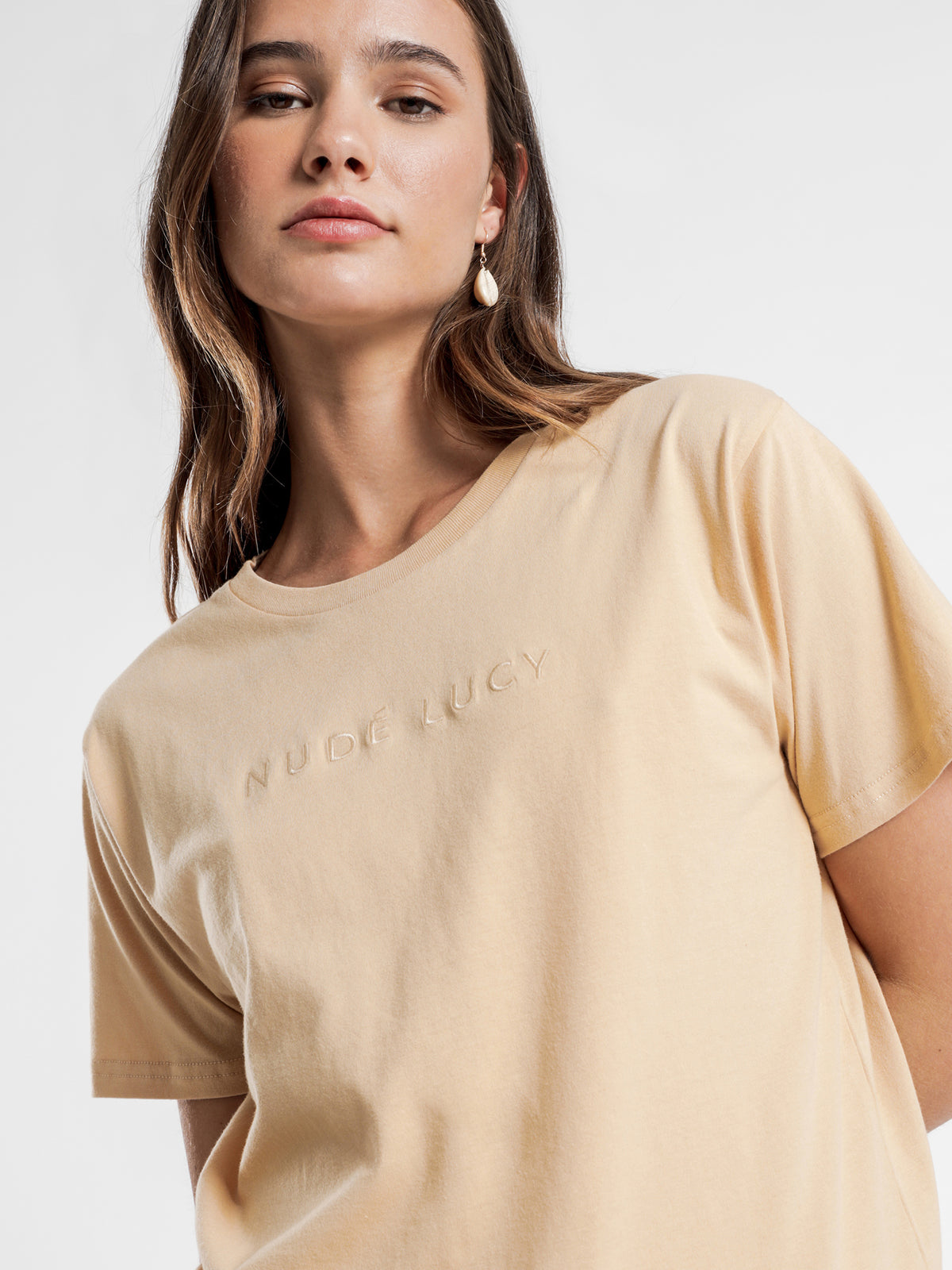 Embroidered Slogan T-Shirt in Apricot