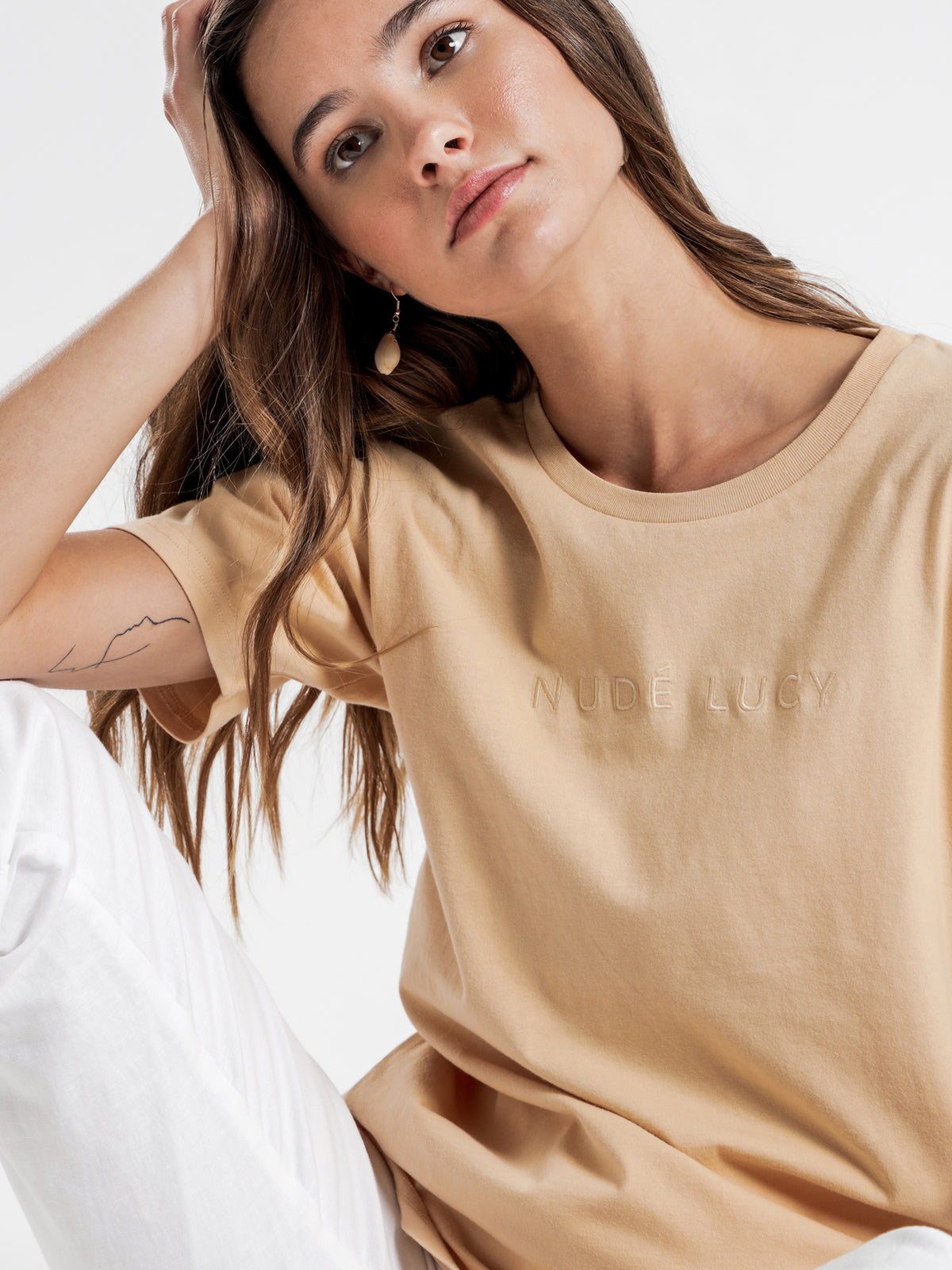 Embroidered Slogan T-Shirt in Apricot